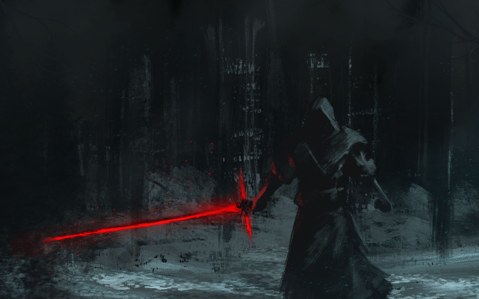 Kylo Ren from Star Wars with a red lightsaber in a dark forest HD Wallpaper