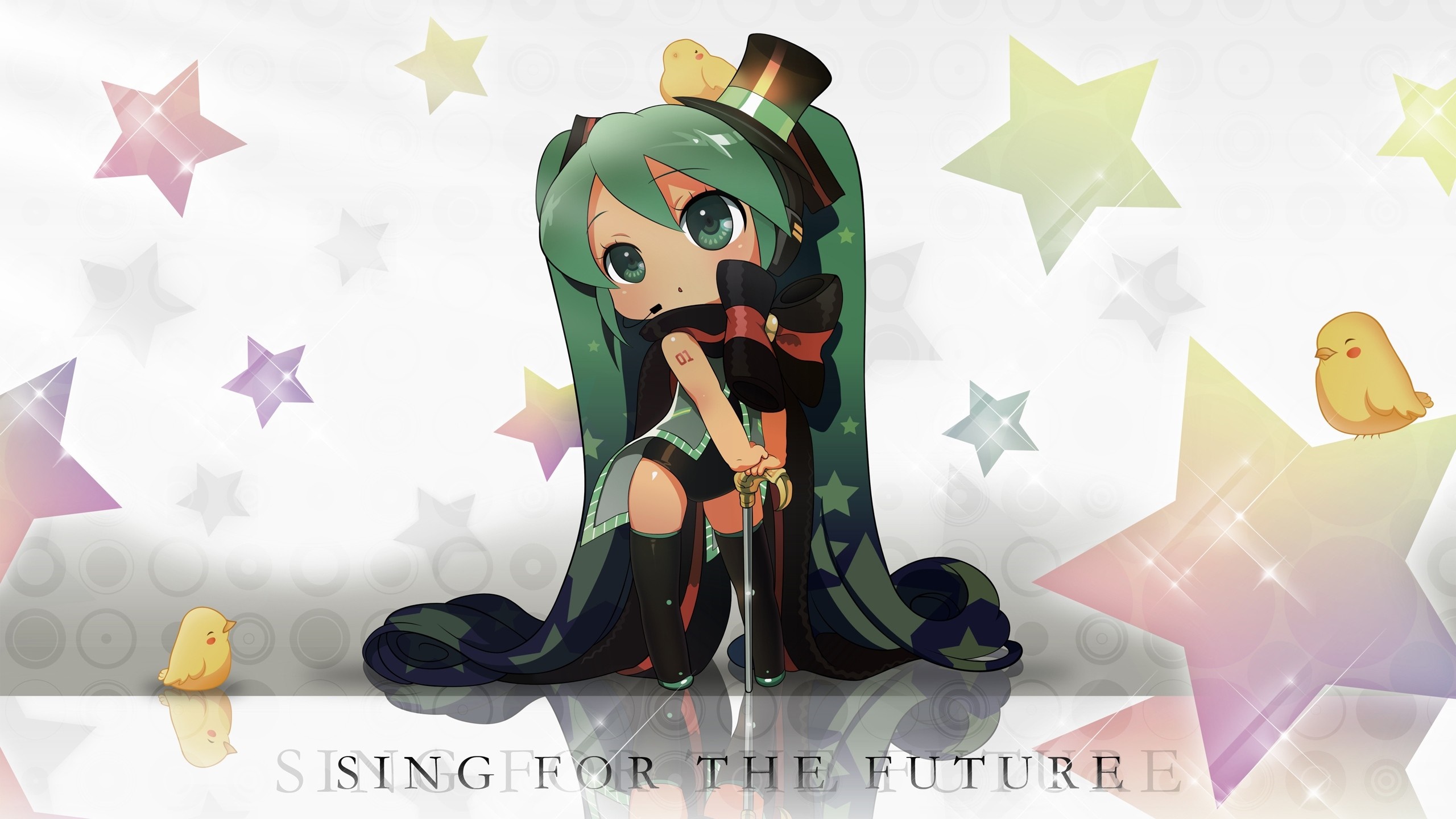 Hatsune Miku from Vocaloid with birds and stars HD Wallpaper