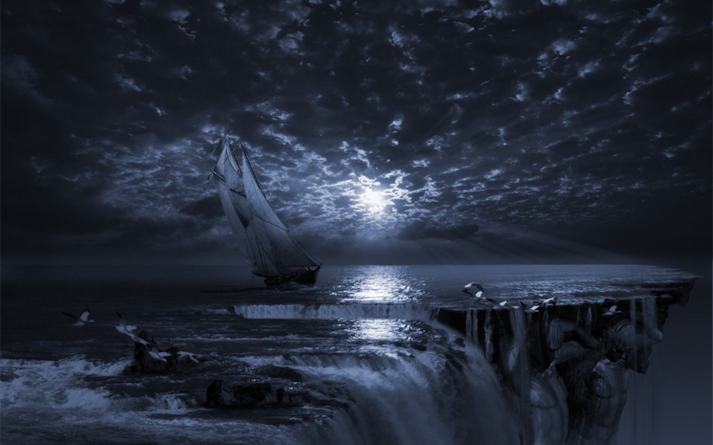 Sailing ship on a moonlit sea with waterfalls HD Wallpaper