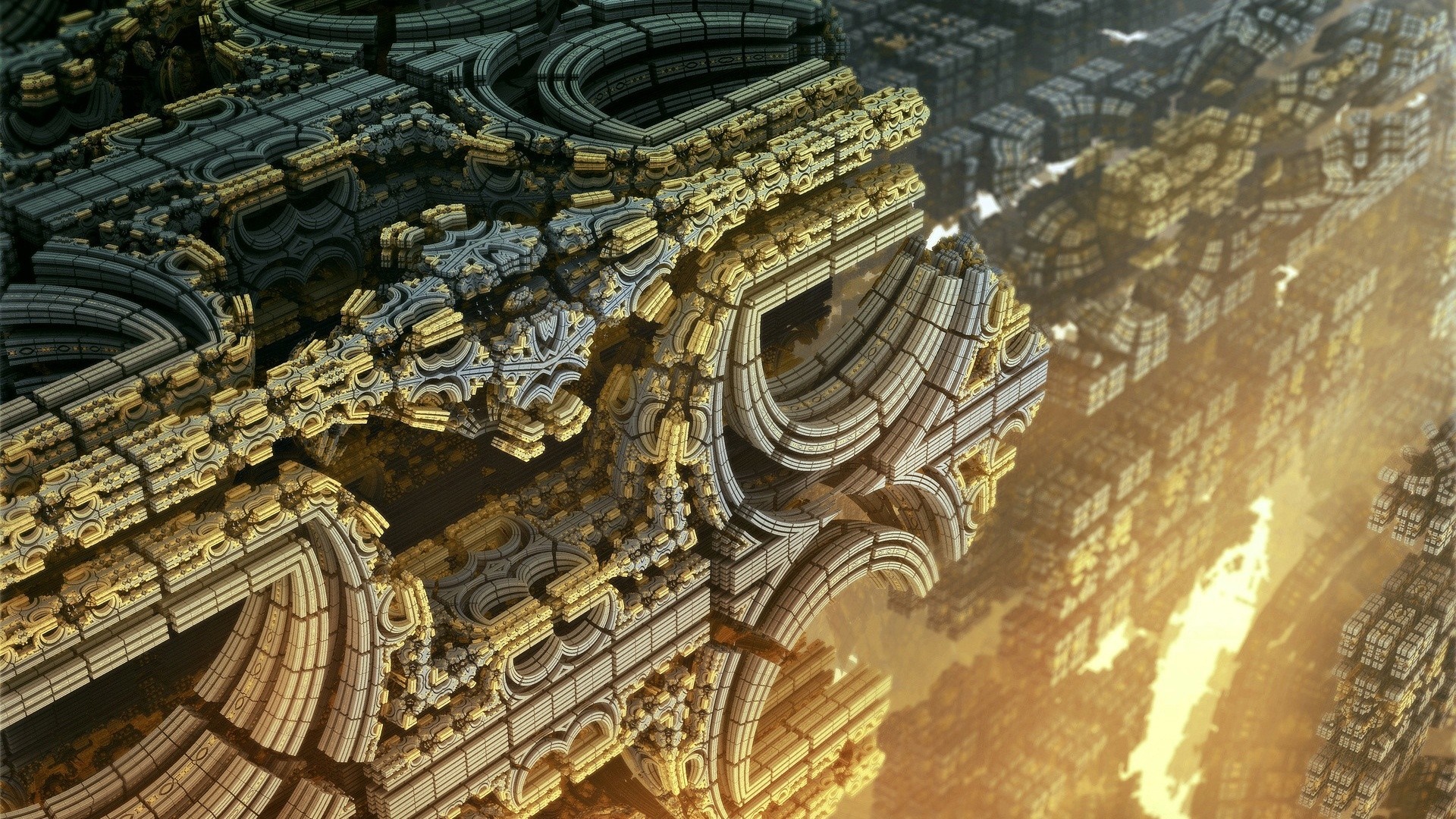 Abstract fractal architecture with golden and grey structures HD Wallpaper