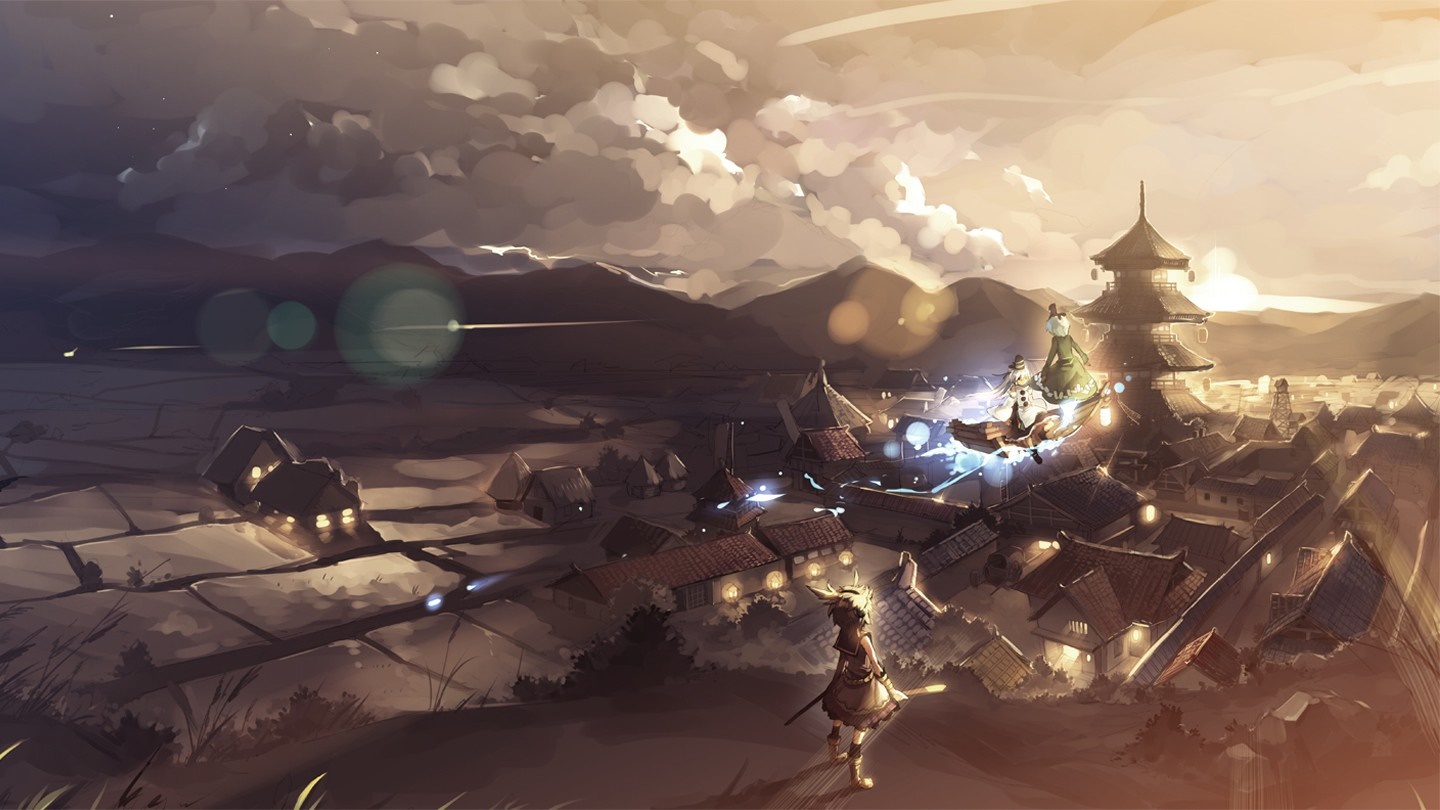Anime screenshot of a village with a pagoda HD Wallpaper