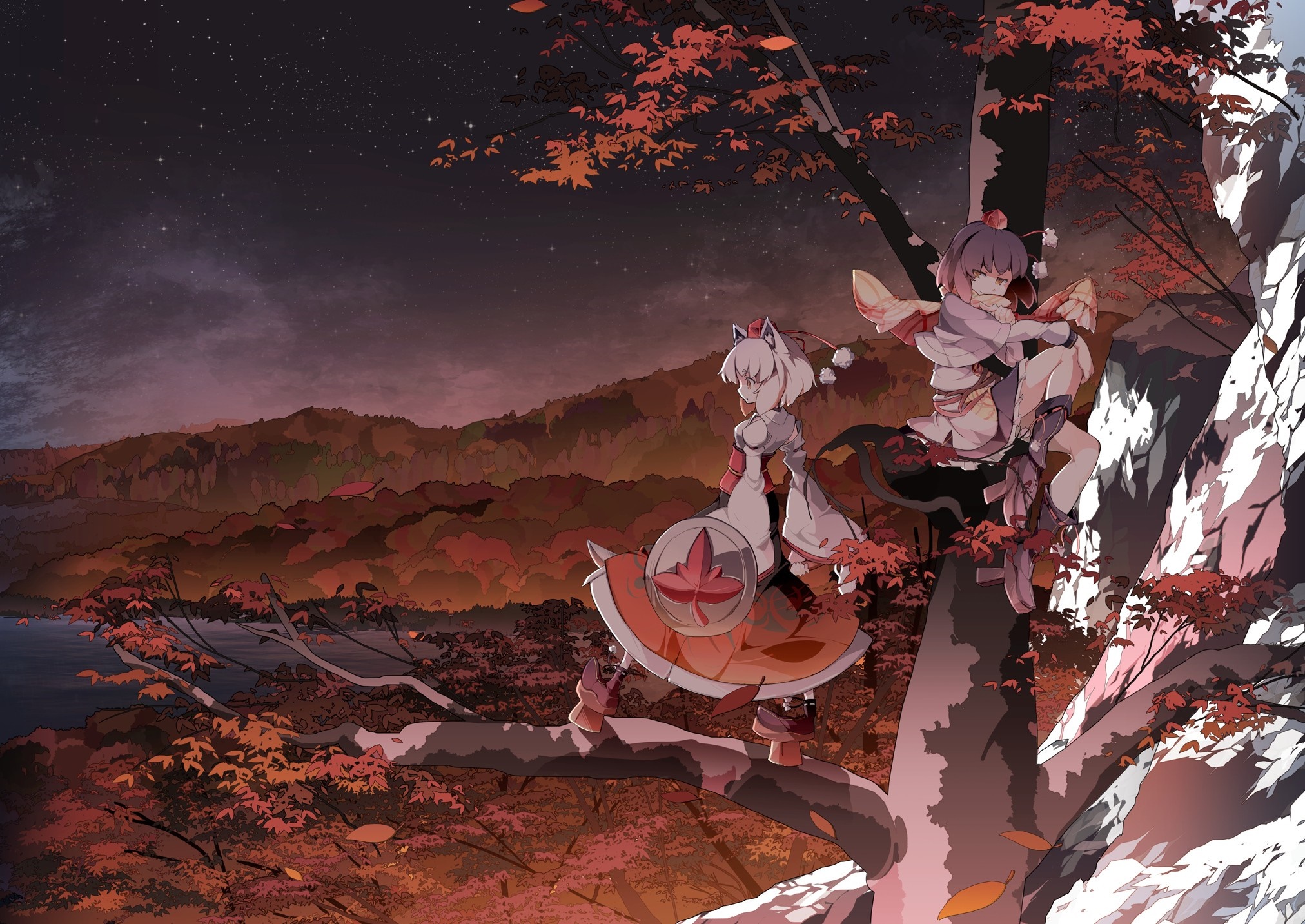 Inubashiri Momiji and Shameimaru Aya from Touhou in autumn HD Wallpaper