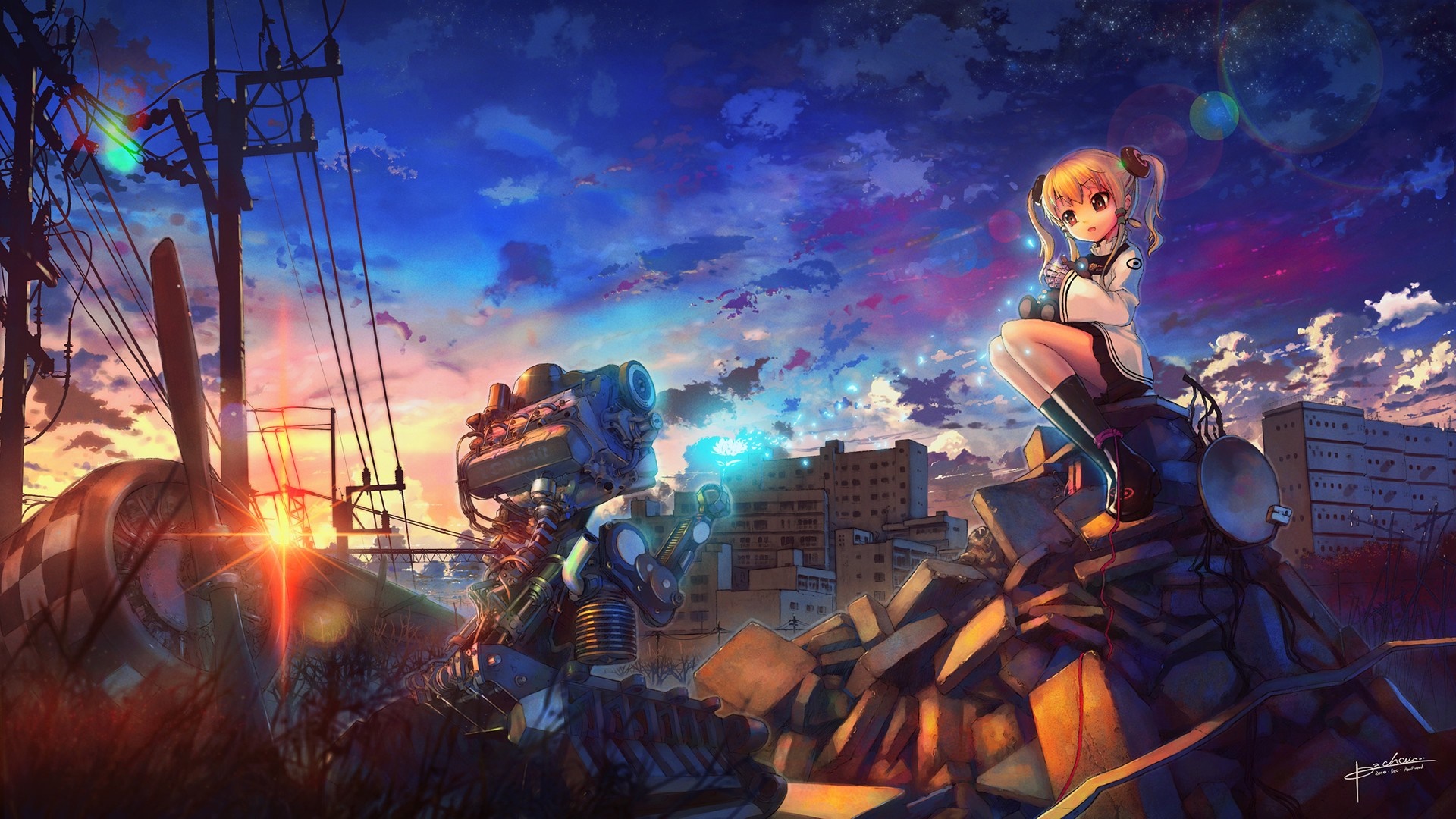 Anime girl and robot in ruined city at sunset HD Wallpaper
