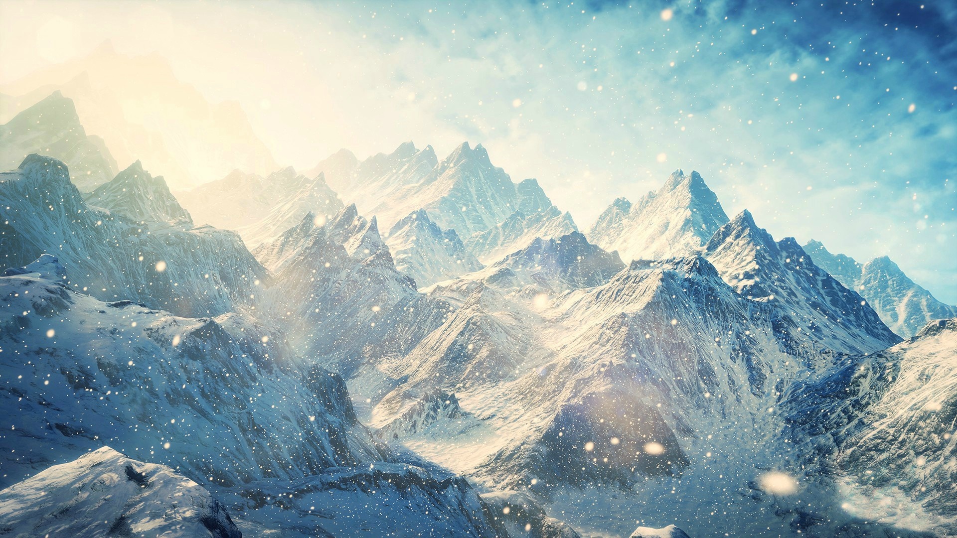 Snowy mountain range with sunlight and falling snow HD Wallpaper
