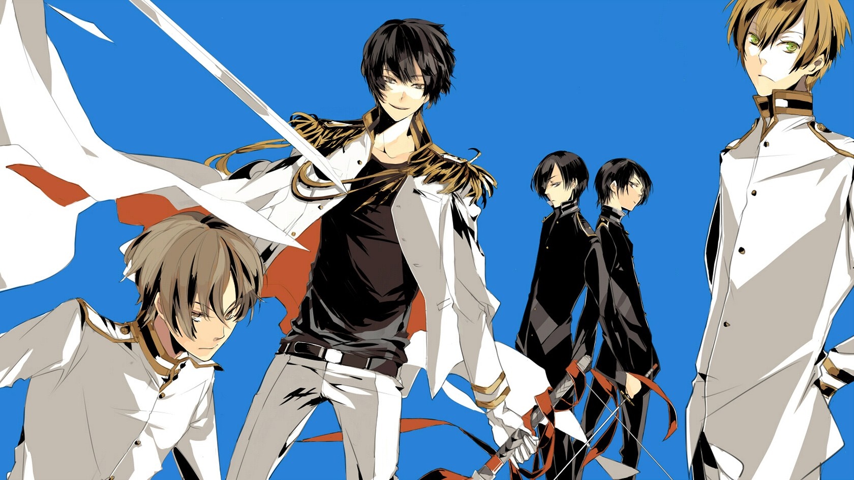 Anime boys in military-style uniforms with swords HD Wallpaper