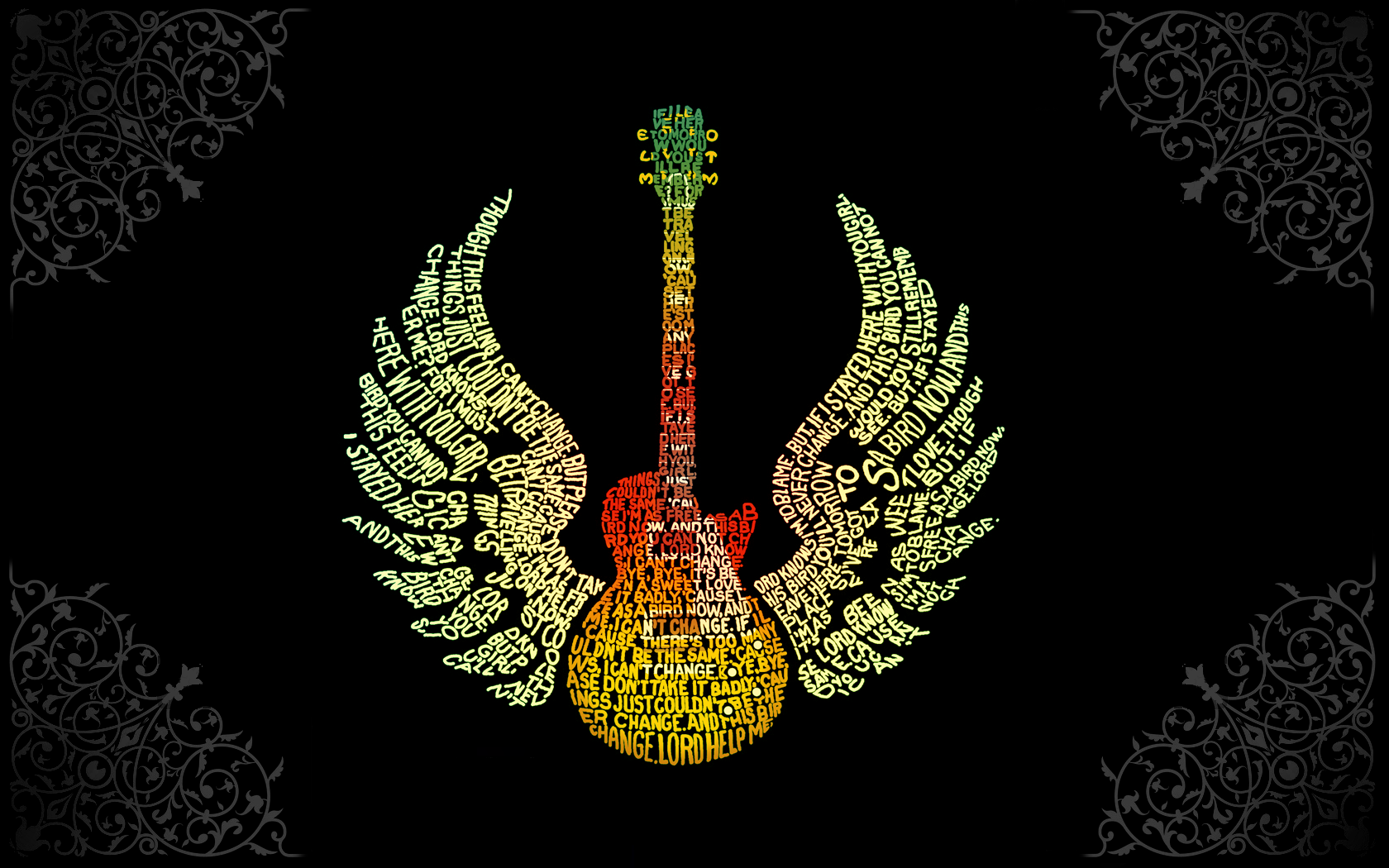 Guitar with wings made of text HD Wallpaper