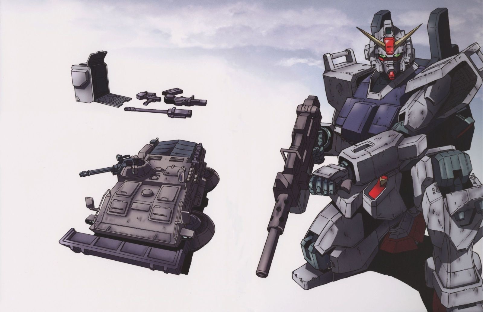 Gundam mecha with weapons and tank HD Wallpaper