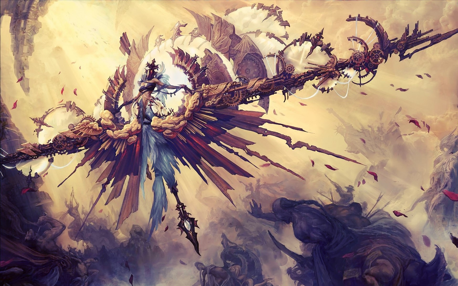 Steampunk angel with mechanical wings in a cloudy sky HD Wallpaper