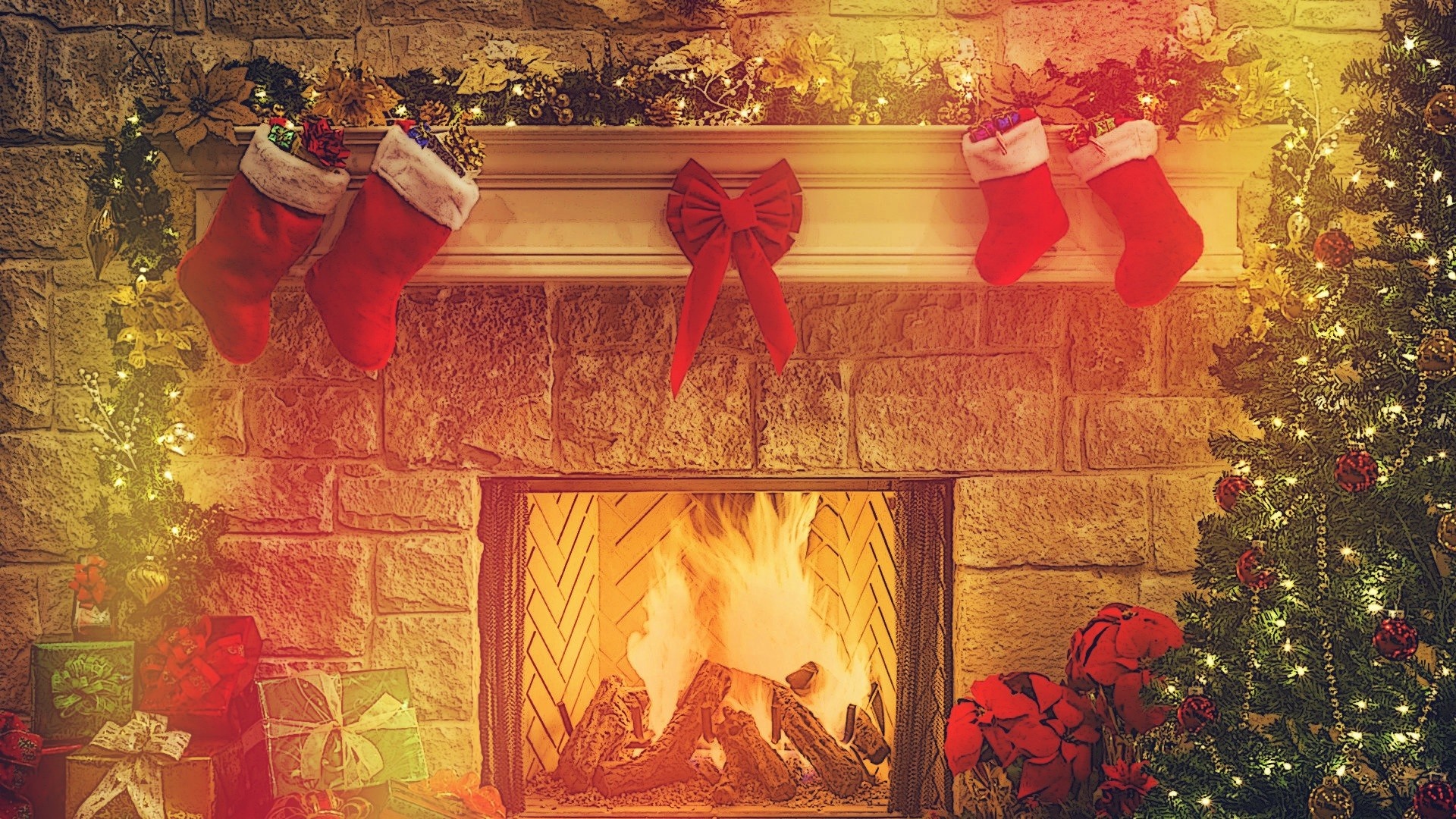 Christmas fireplace with stockings and tree HD Wallpaper