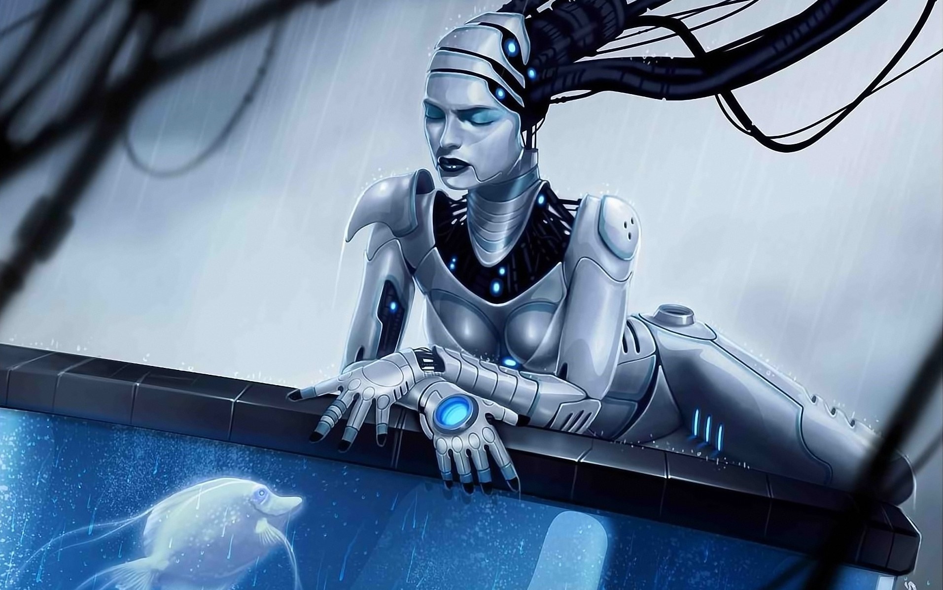Gynoid looking at a fish in a tank HD Wallpaper