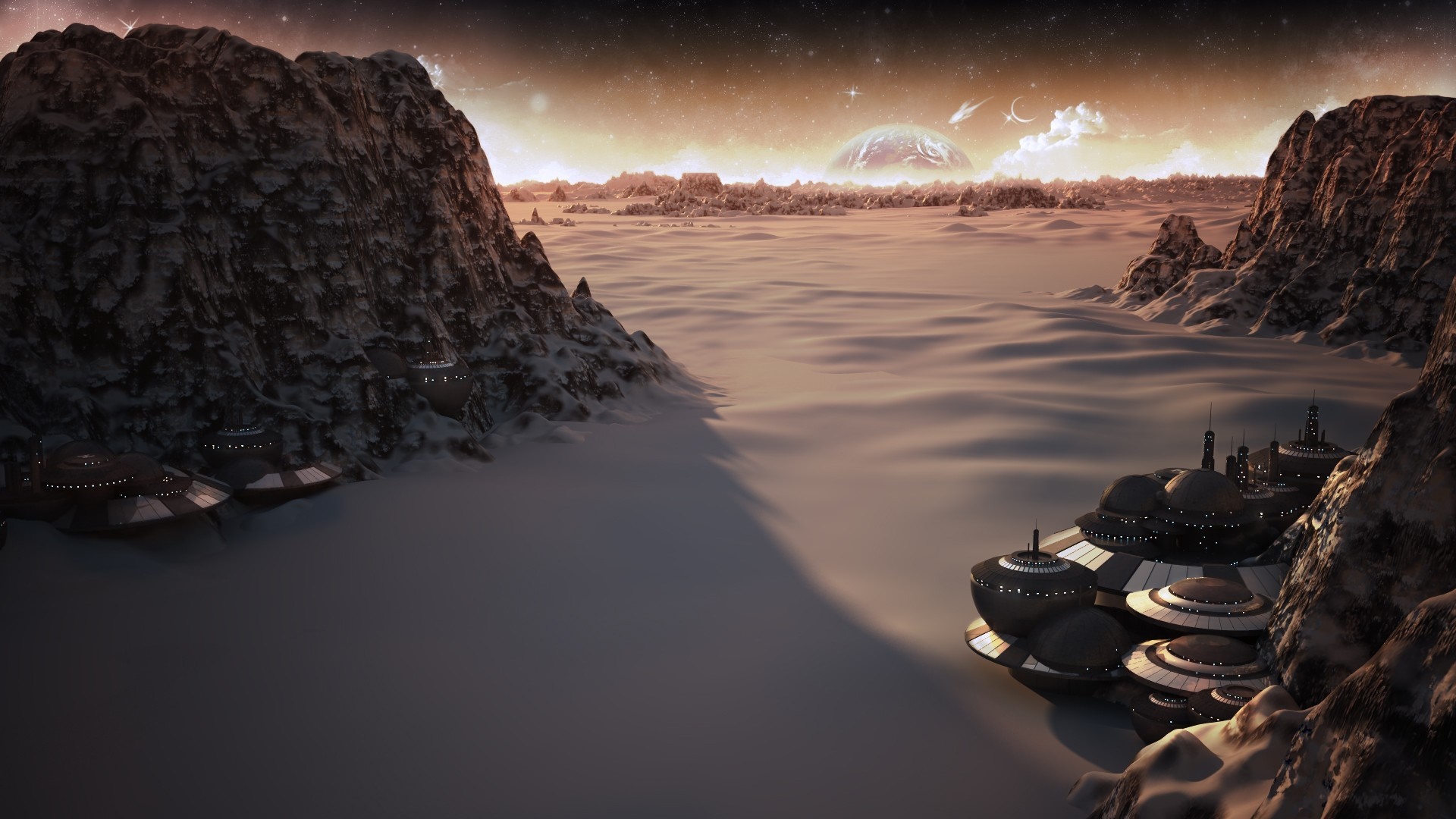 Alien landscape with futuristic settlements at sunset HD Wallpaper