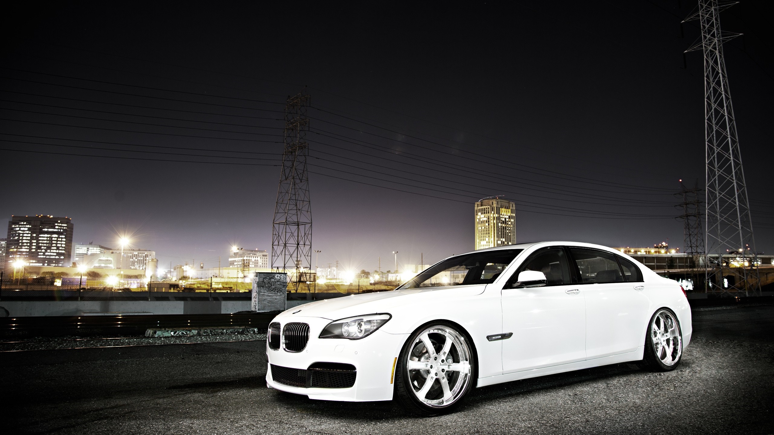 White BMW Sedan with Custom Wheels at Night HD Wallpaper