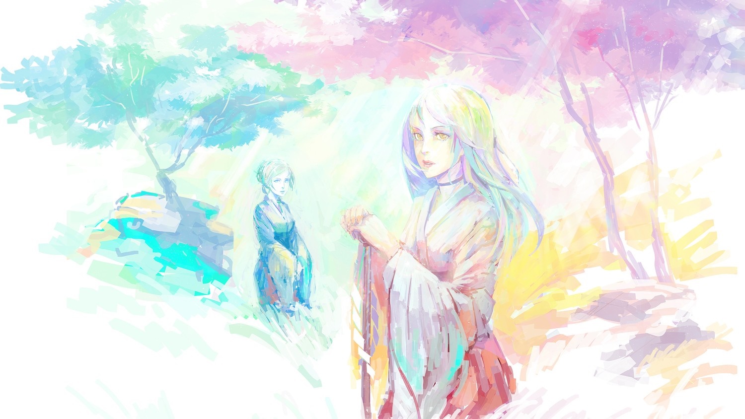 Two anime girls in a colorful, dreamlike landscape HD Wallpaper