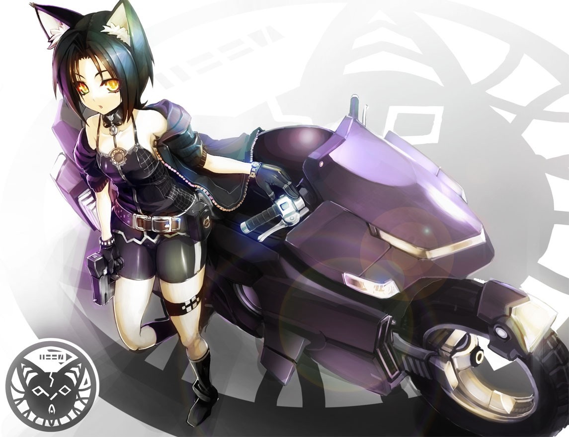Anime girl with cat ears and a motorcycle HD Wallpaper