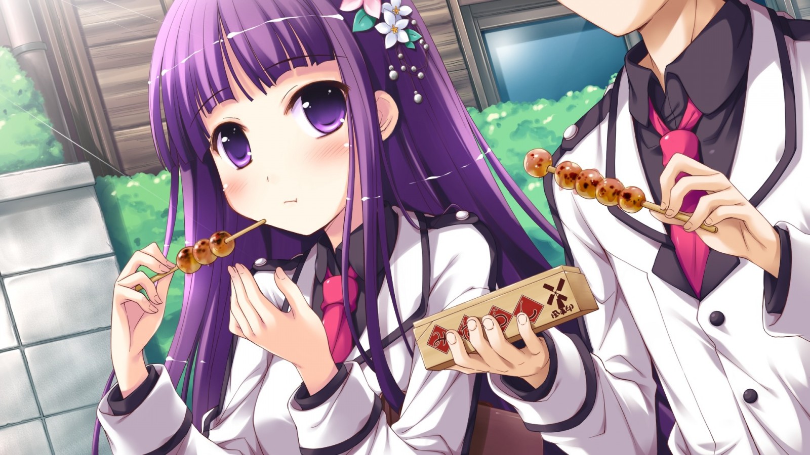 Anime girls eating dango skewers HD Wallpaper