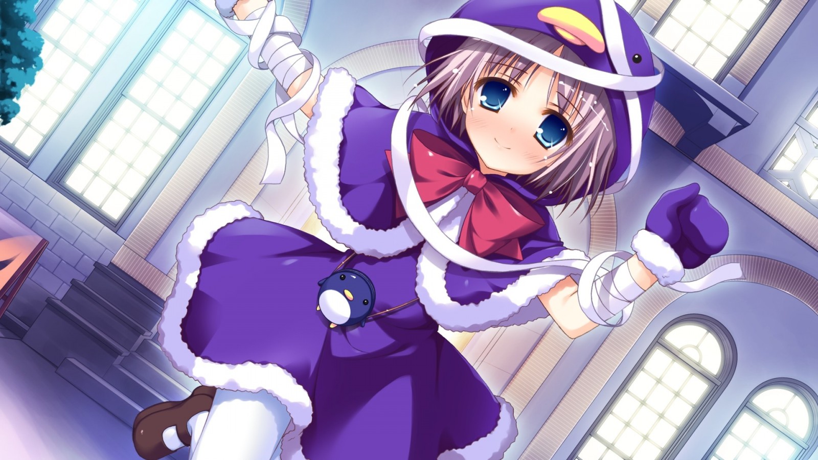 Anime girl in purple penguin costume HD Wallpaper
