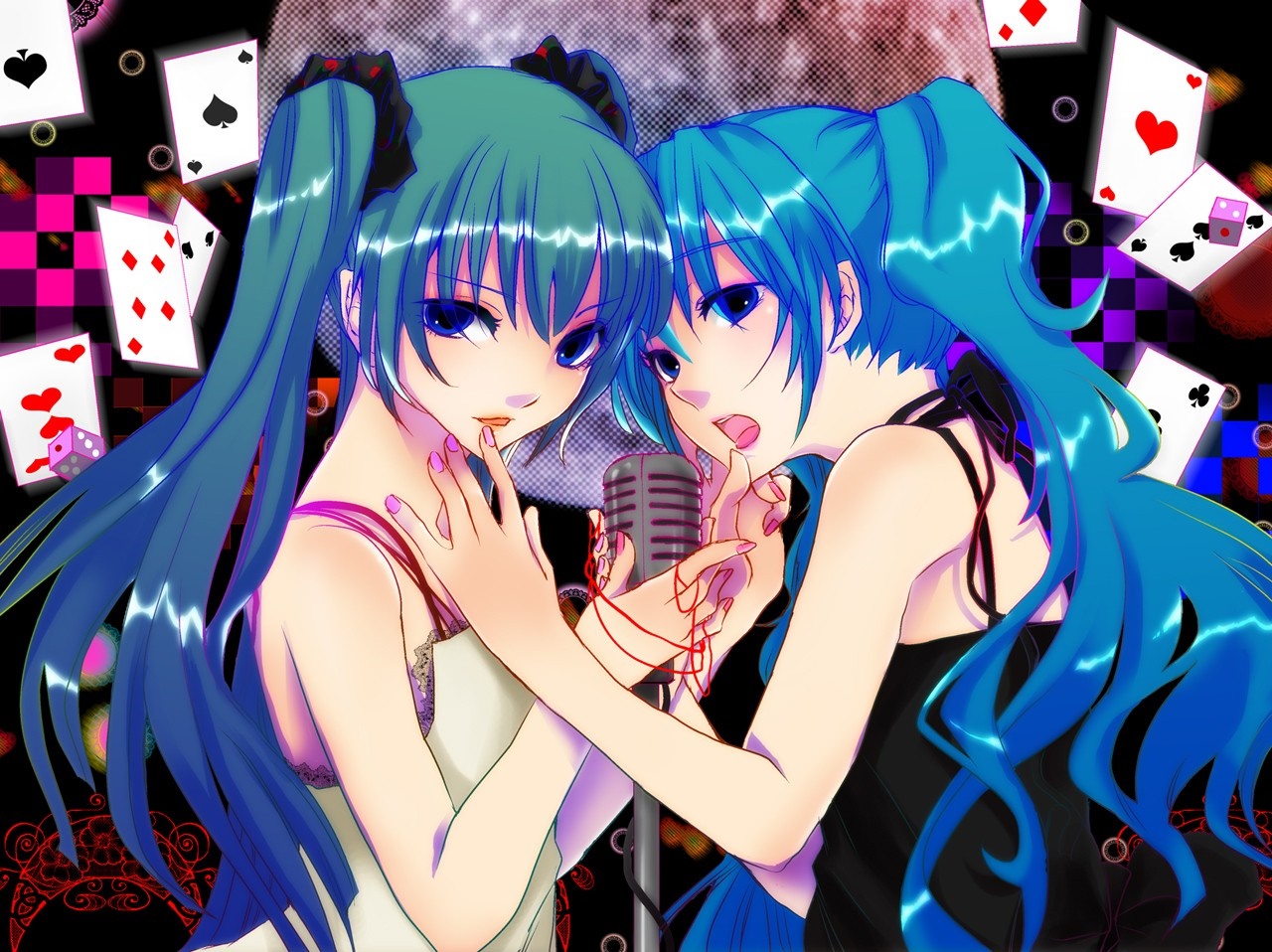 Two anime girls singing into a microphone with playing cards HD Wallpaper