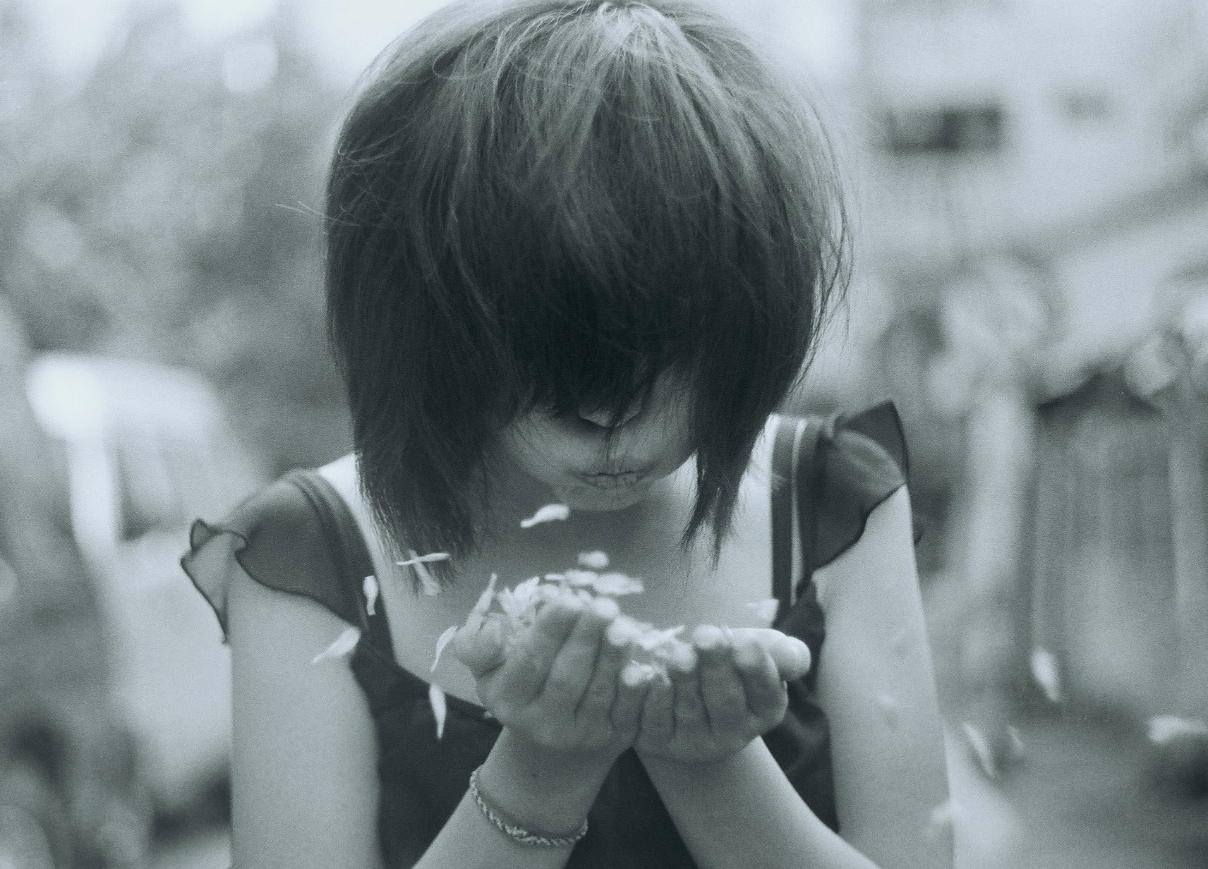 Girl blowing flower petals in monochrome HD Wallpaper