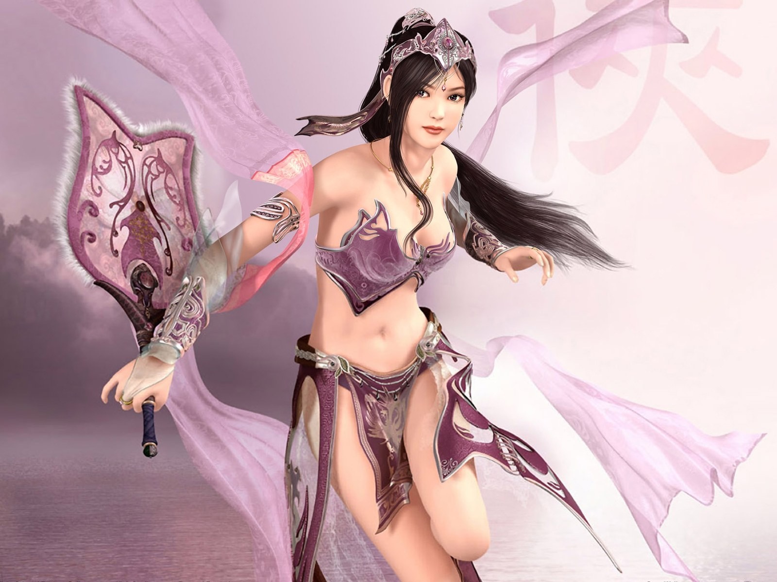 Woman in fantasy armor with a fan weapon HD Wallpaper