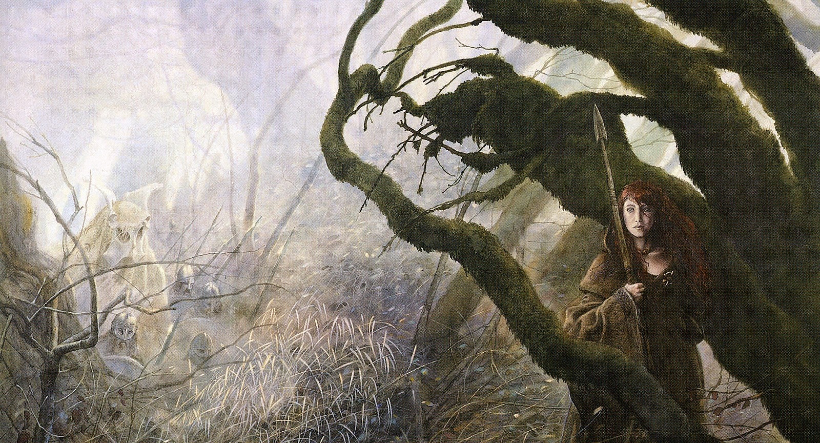 Woman with spear in mossy forest HD Wallpaper