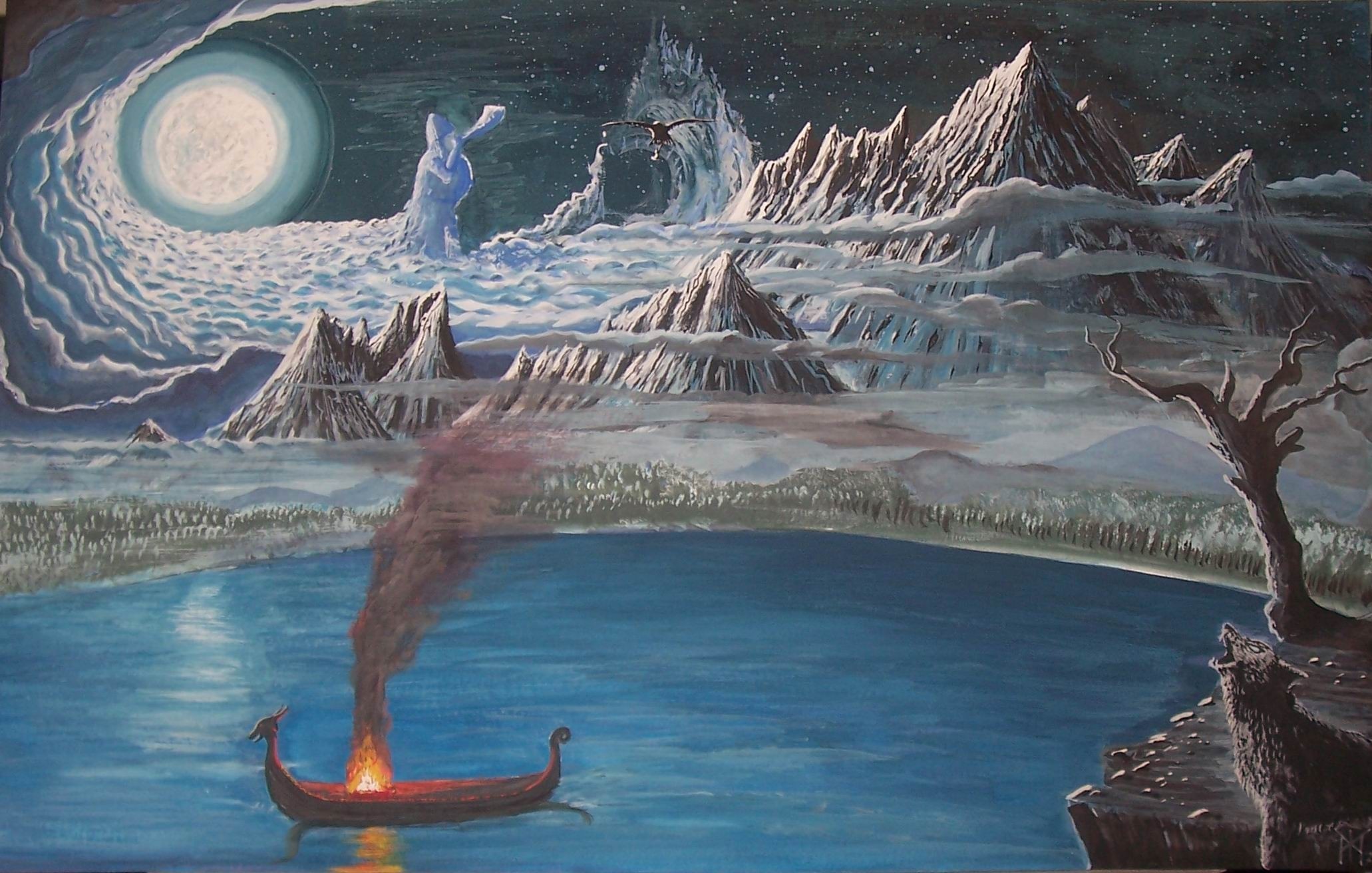 Norse Mythology Painting of a Boat with Fire and Mountains HD Wallpaper
