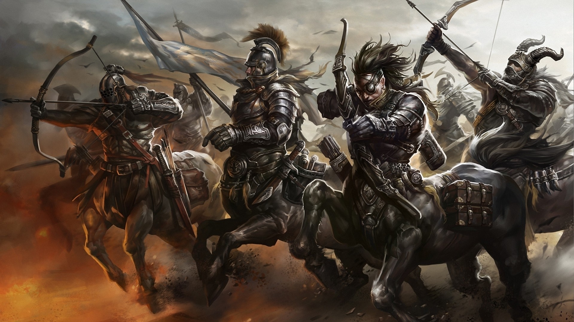 Centaur warriors with bows and armor in battle HD Wallpaper
