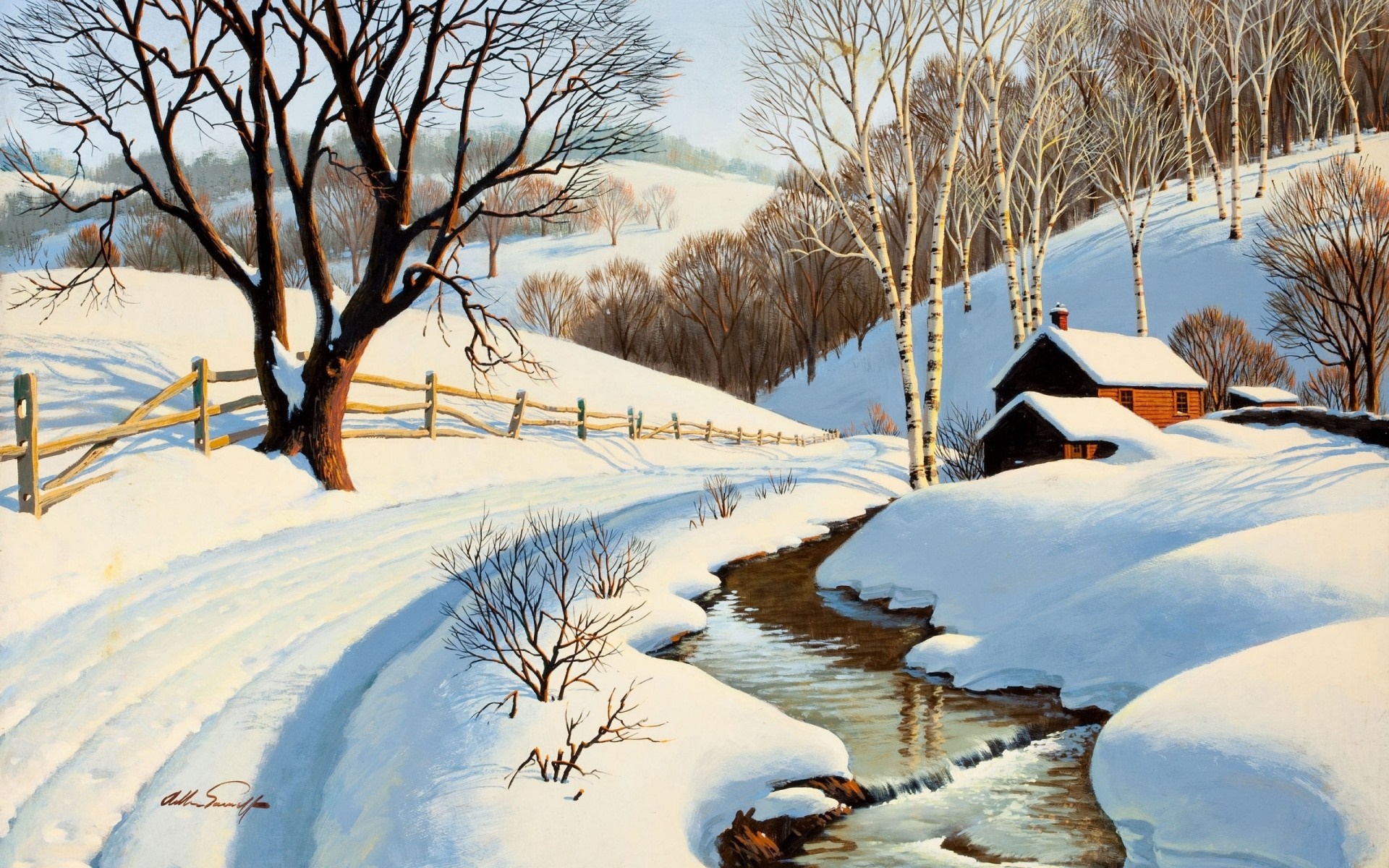 Winter landscape with snow-covered path and stream HD Wallpaper