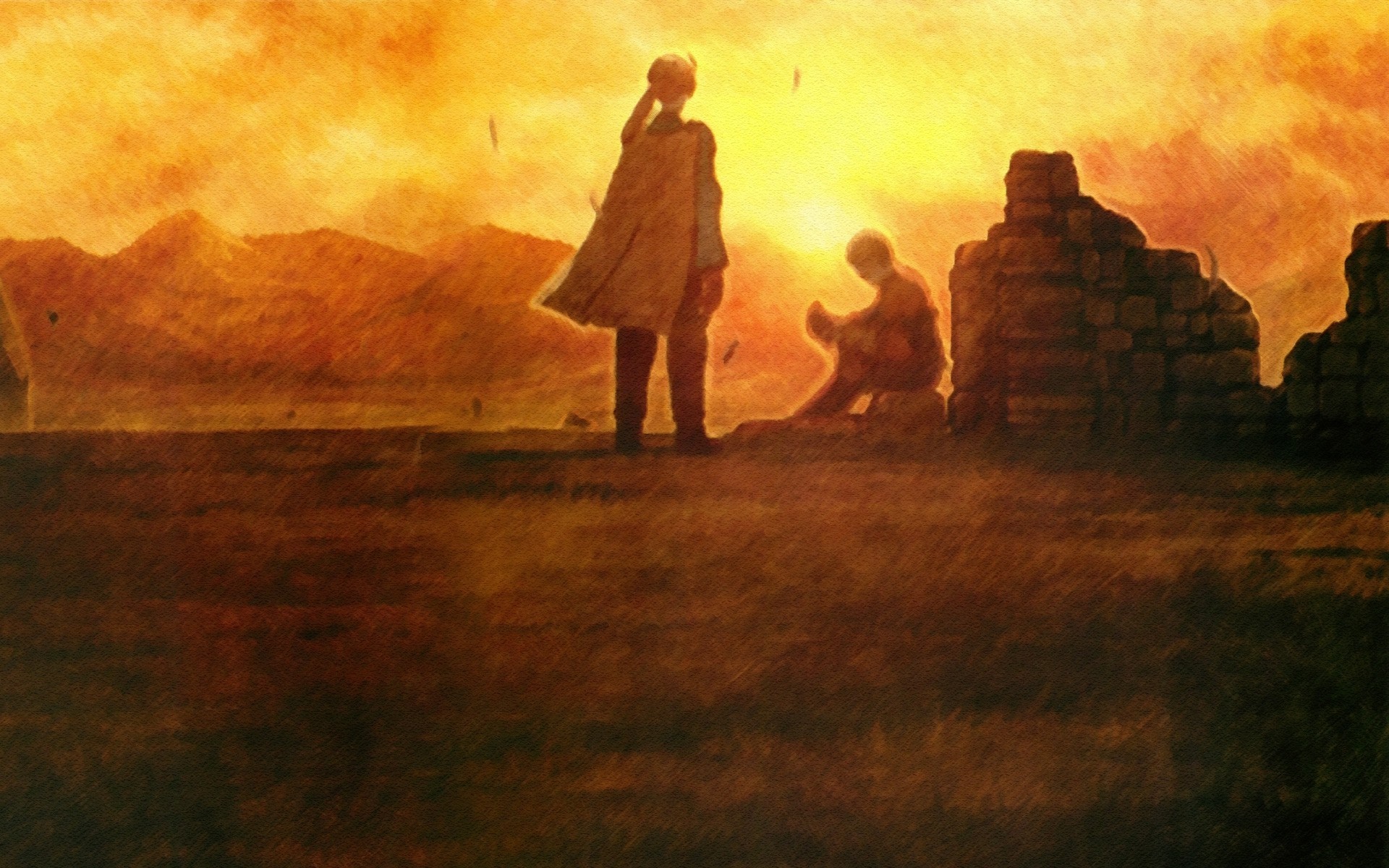 Two figures in a desolate landscape at sunset HD Wallpaper