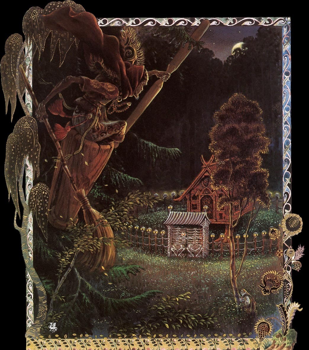 Baba Yaga flying on a broomstick over a village HD Wallpaper