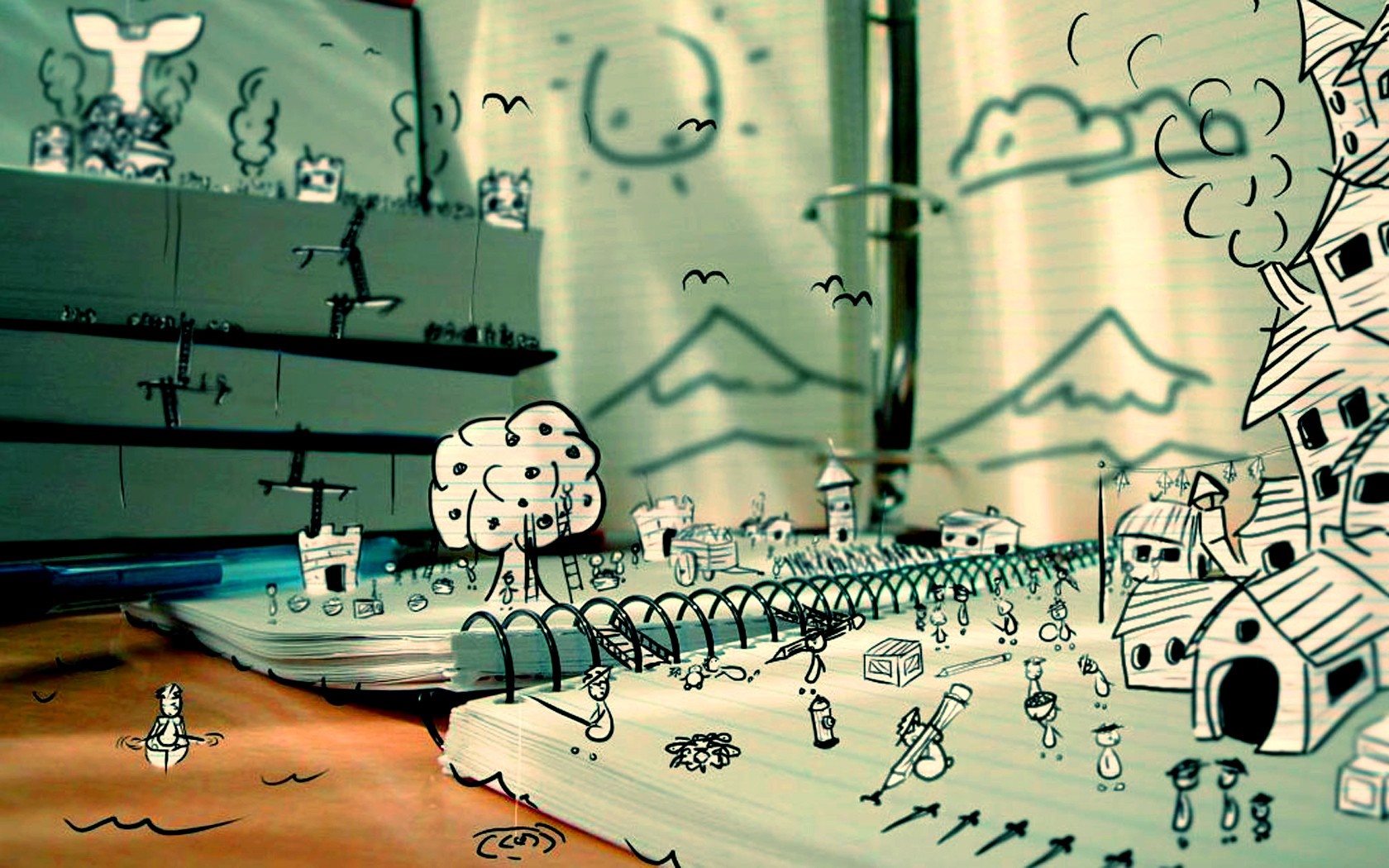 Doodle art landscape with houses and boats HD Wallpaper