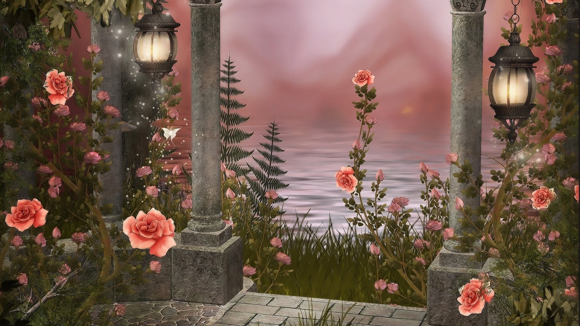 Enchanted garden with roses and lanterns HD Wallpaper