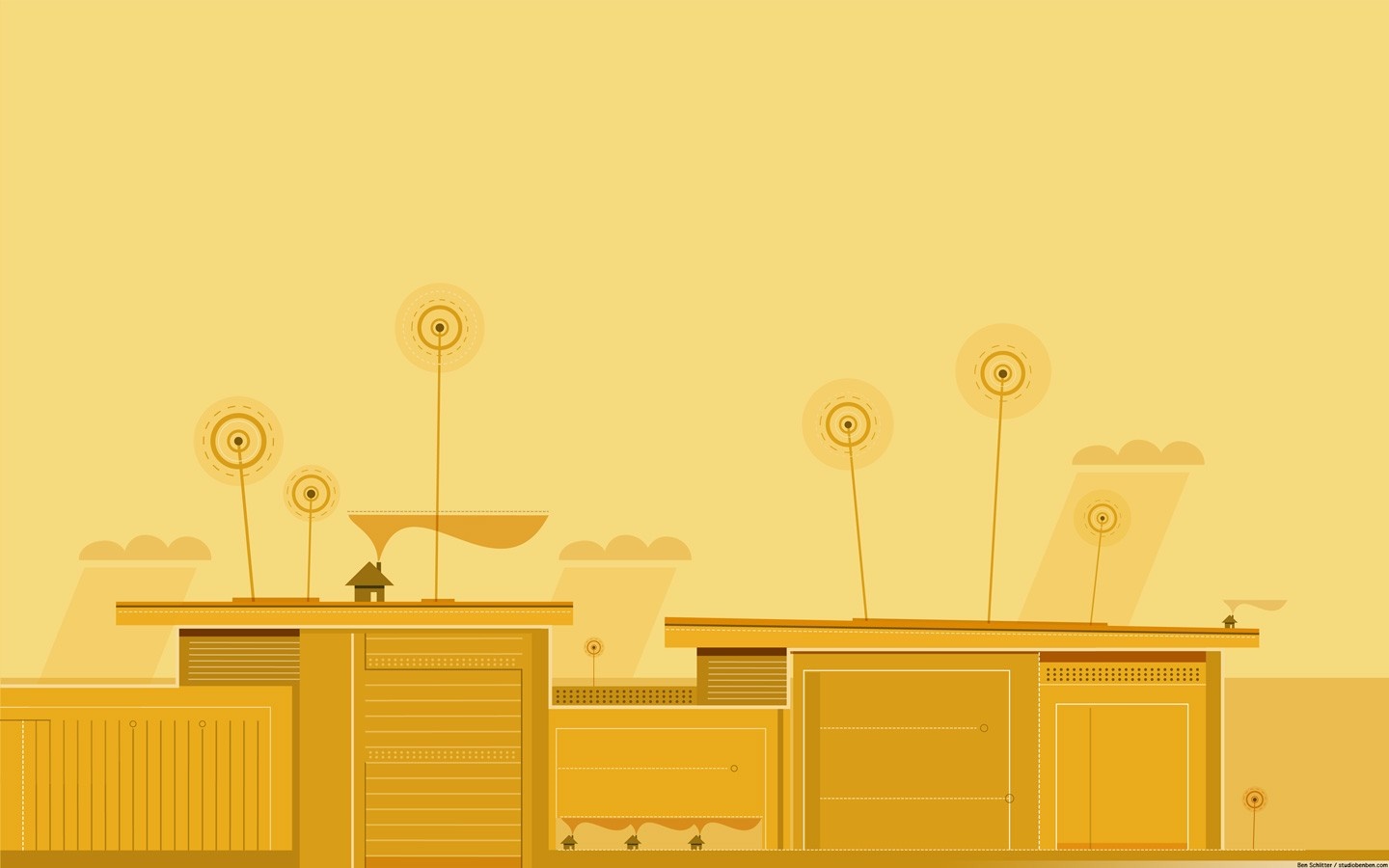 Minimalist yellow illustration of abstract buildings and plants HD Wallpaper