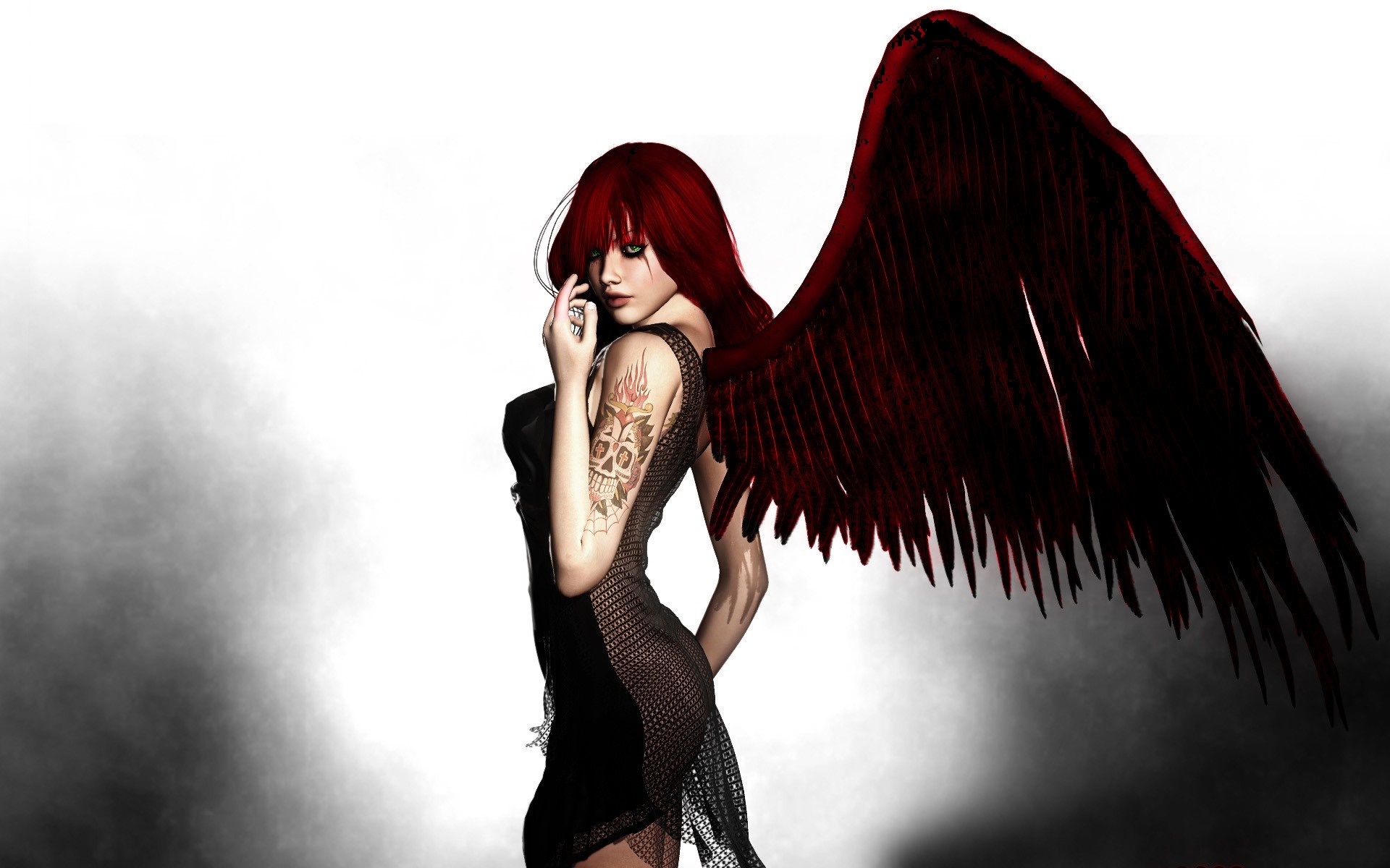 Woman with red hair and dark wings HD Wallpaper