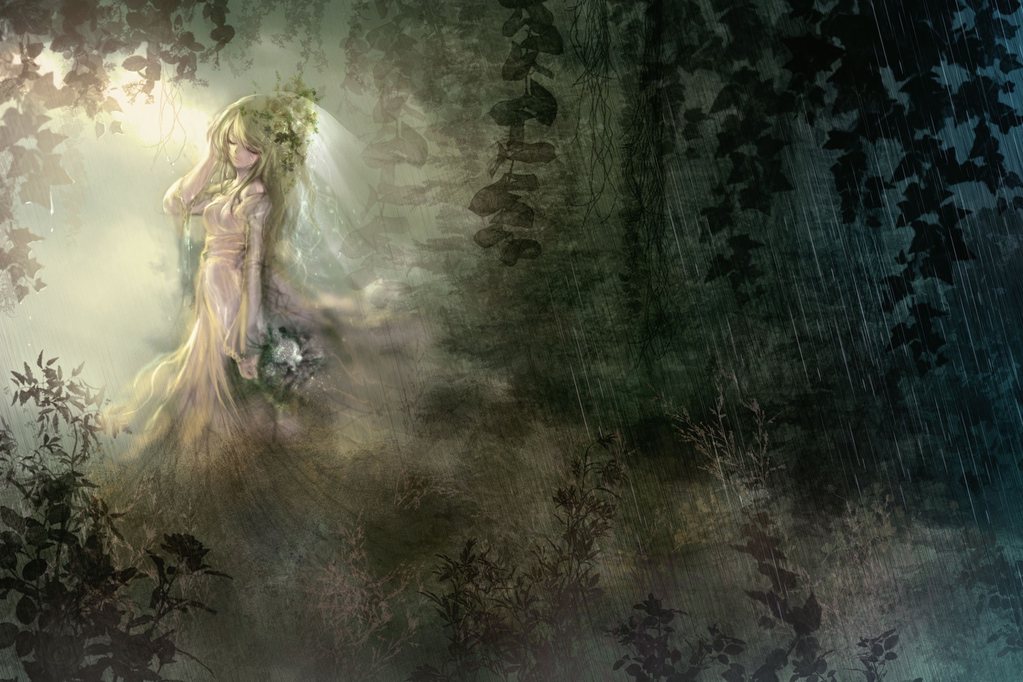 Anime girl in a white dress in a rainy forest HD Wallpaper