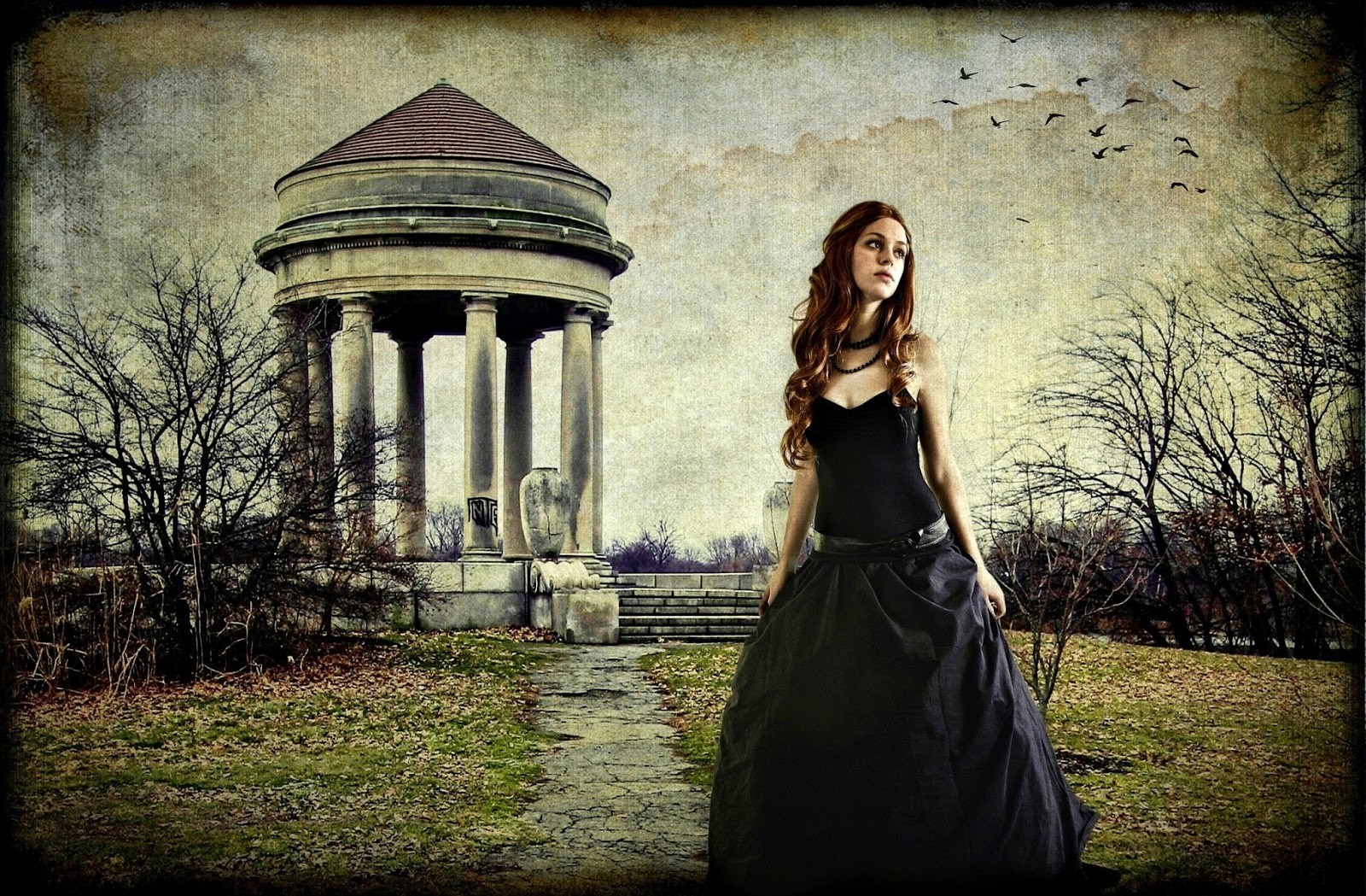 Woman in black dress near ancient structure HD Wallpaper