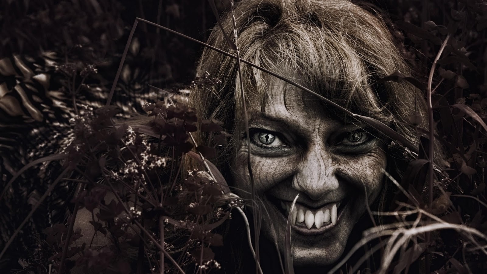 A frightening vampire with fangs emerges from foliage HD Wallpaper