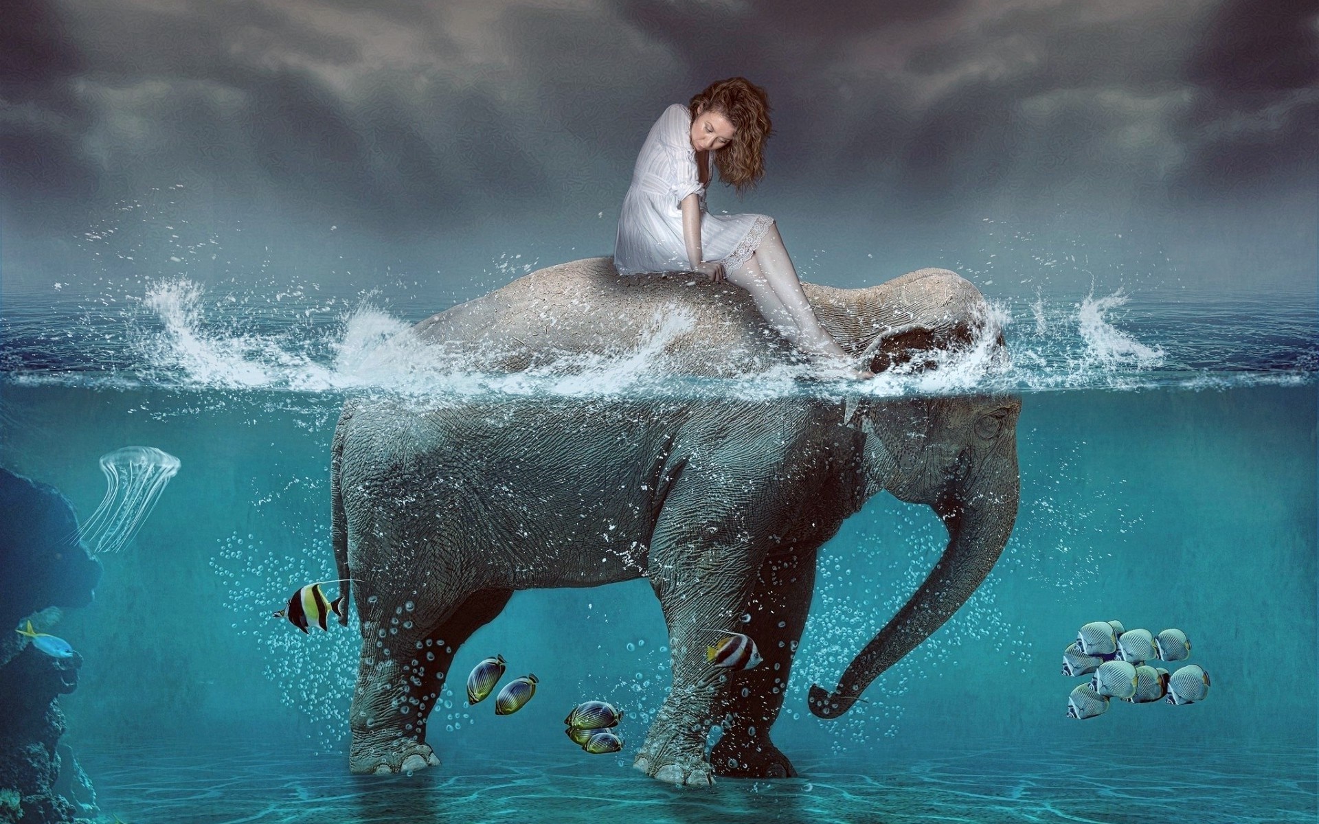 Girl riding an elephant in the ocean with fish HD Wallpaper