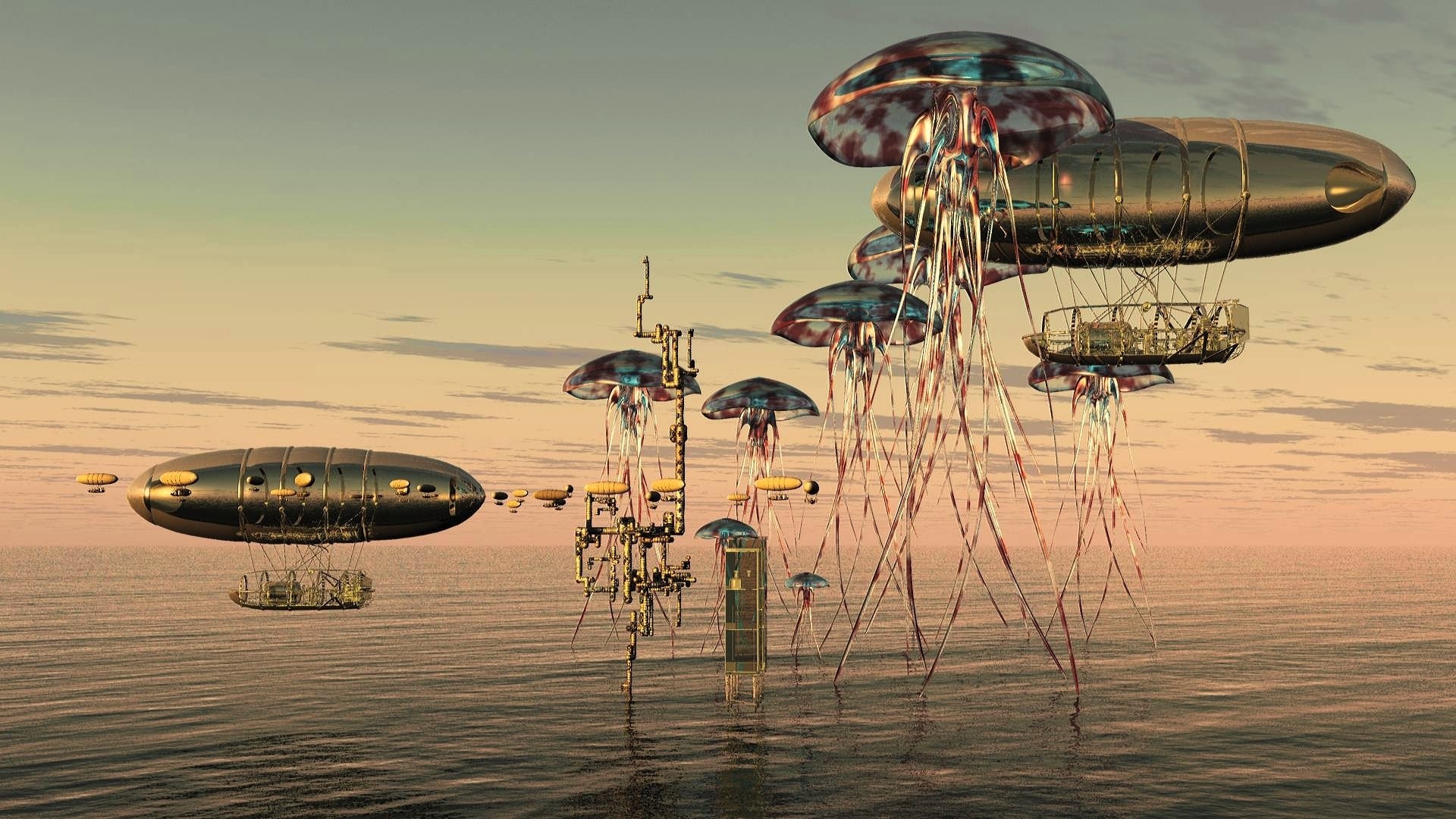 Steampunk jellyfish airships over the ocean HD Wallpaper