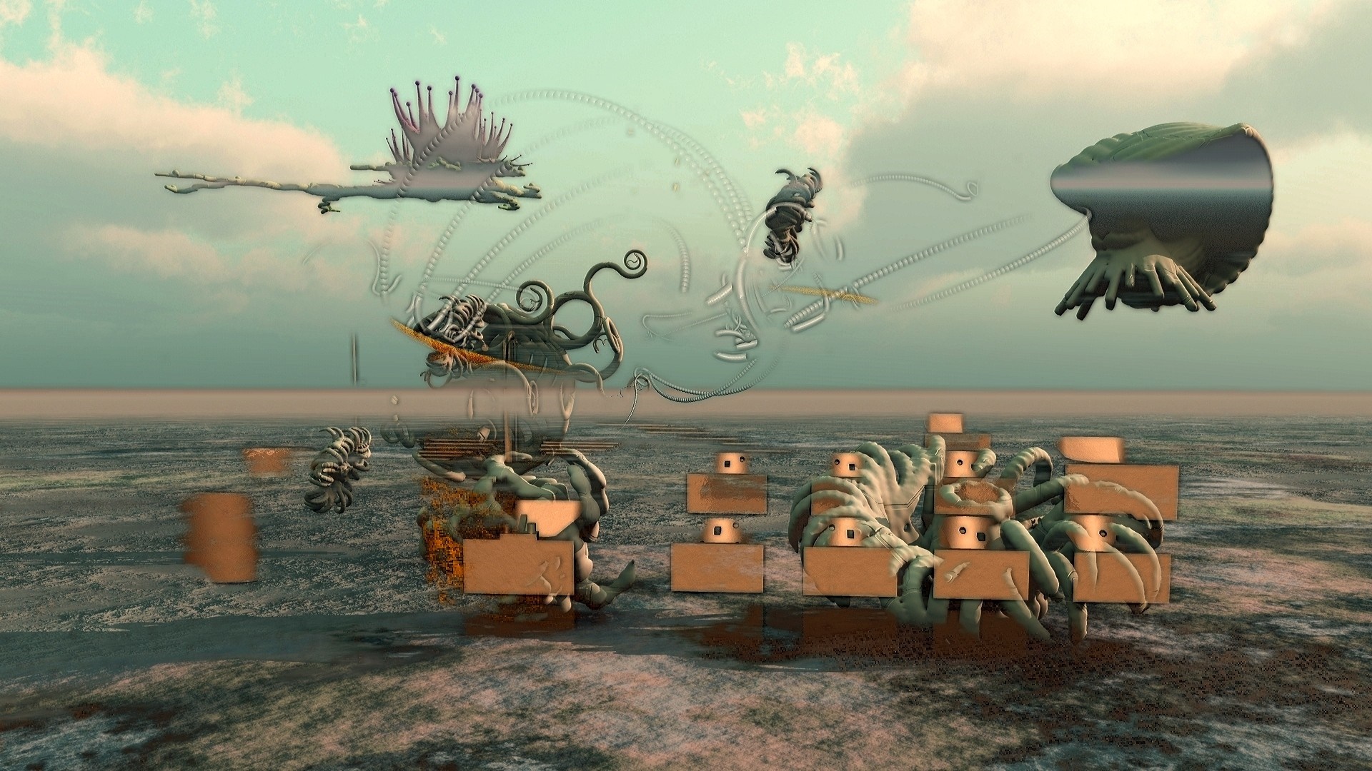 Surreal fantasy landscape with flying creatures and structures HD Wallpaper