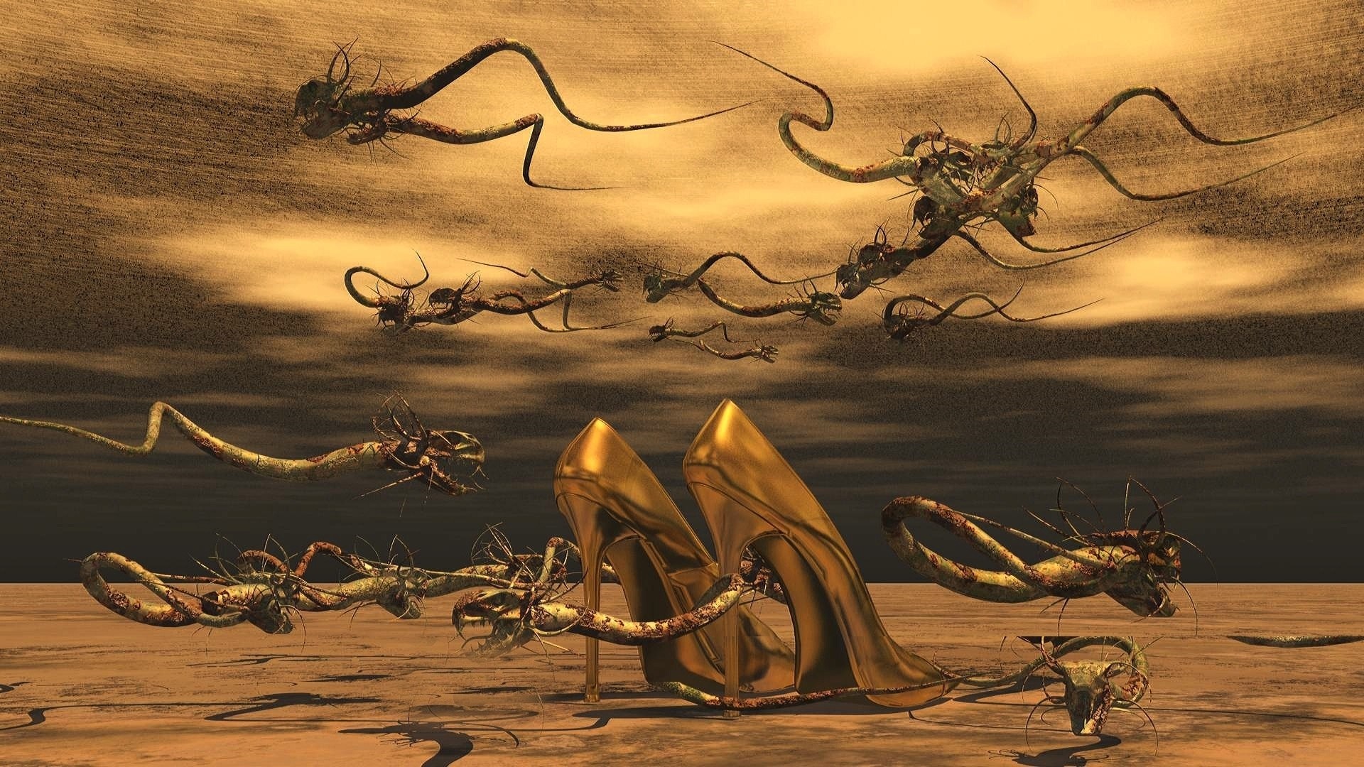 Golden high heels surrounded by alien creatures HD Wallpaper