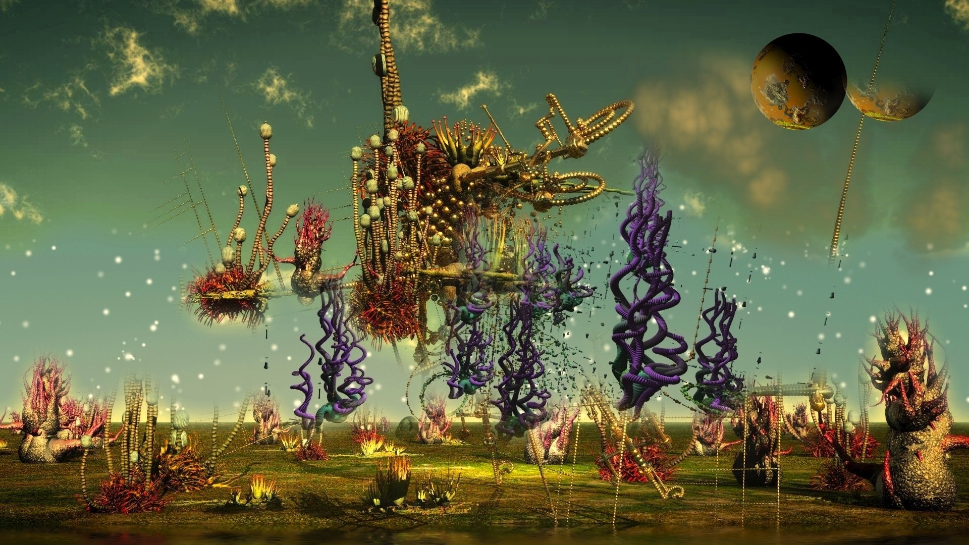 Alien landscape with strange flora and celestial bodies HD Wallpaper
