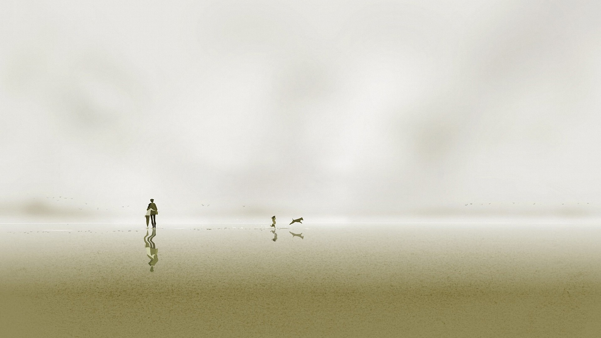 Couple and dog on a misty beach with reflections HD Wallpaper