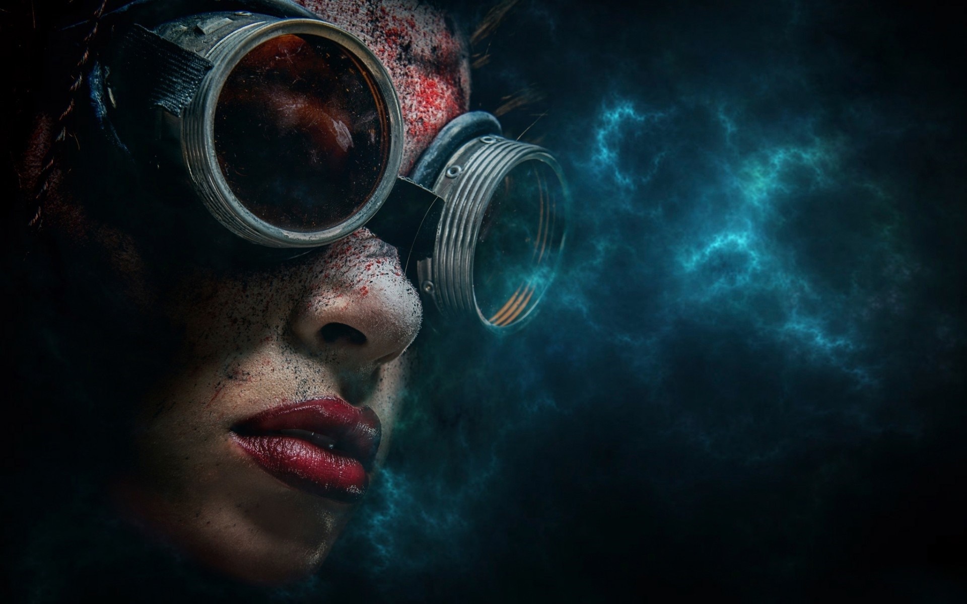 Woman with goggles and red lipstick in dark blue clouds HD Wallpaper