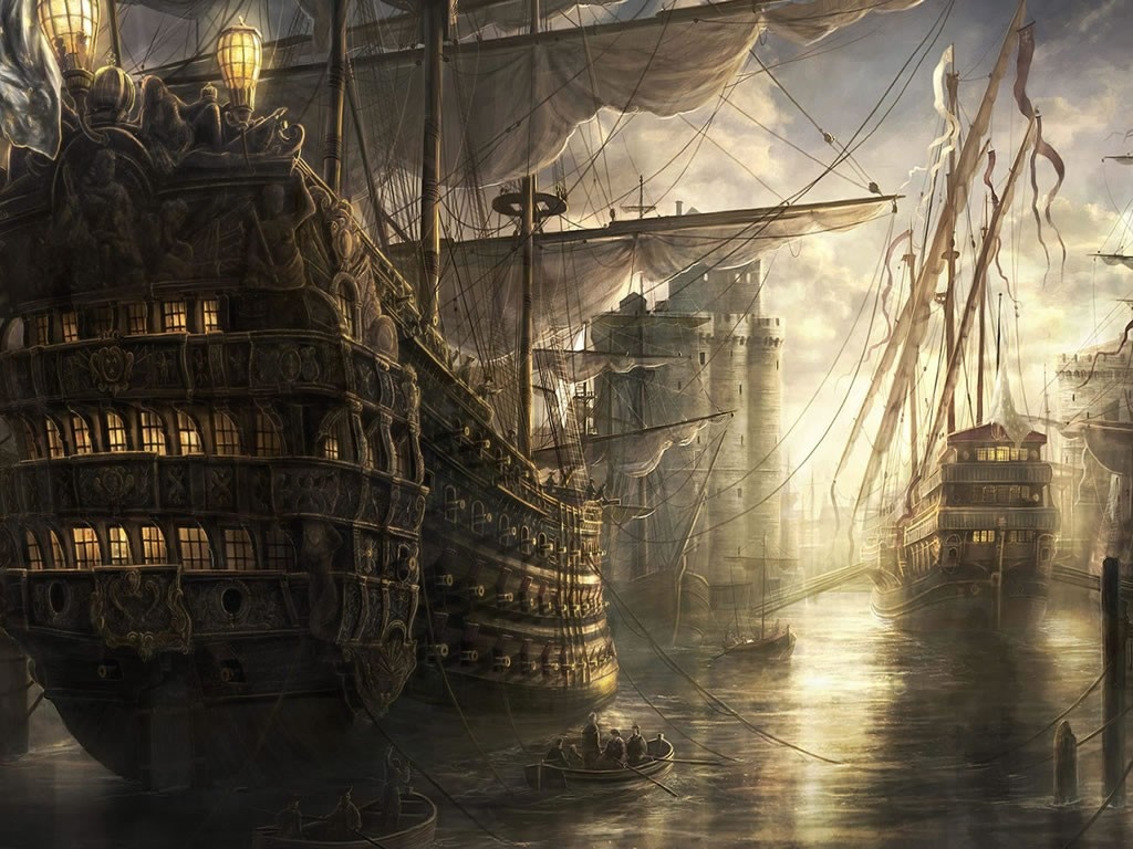 Pirate ships docked in a harbor with stone towers HD Wallpaper