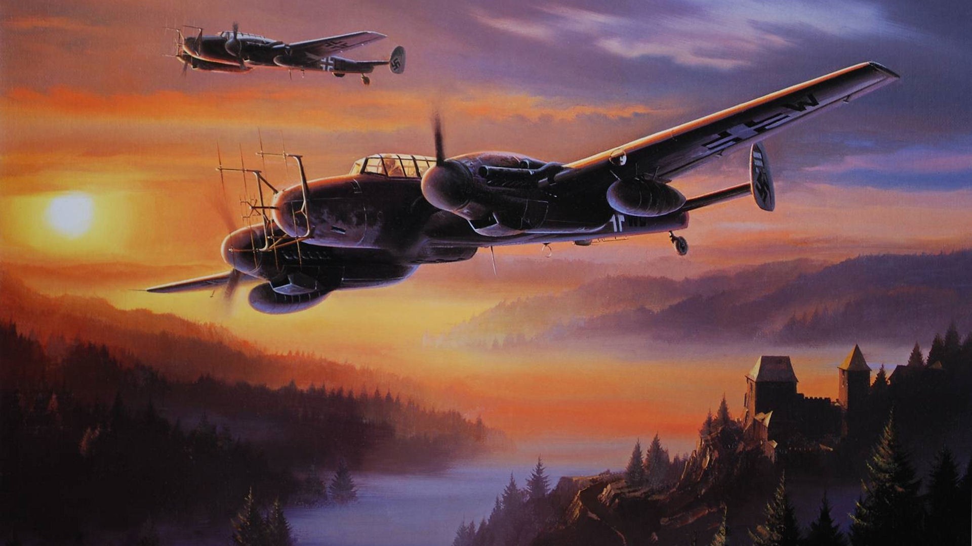 Messerschmitt Bf 110 Nachtjager aircraft flying at sunset HD Wallpaper