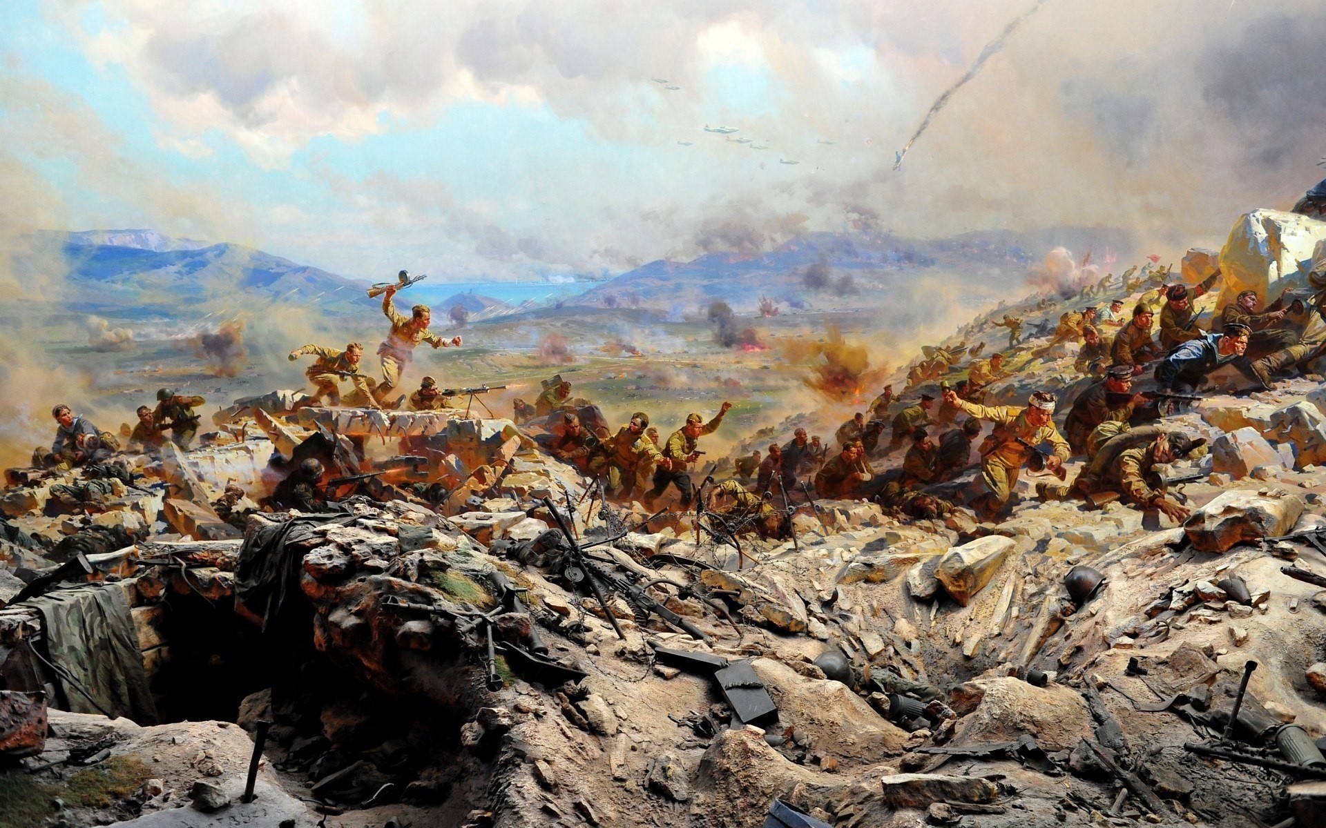 Soldiers in a chaotic battle scene with explosions and aircraft HD Wallpaper