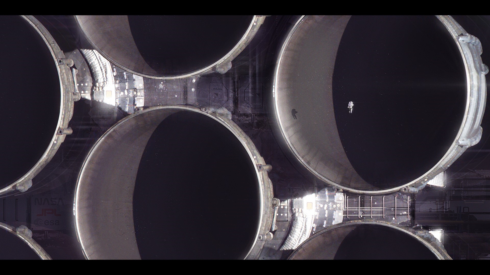 Astronaut floating near rocket engines HD Wallpaper