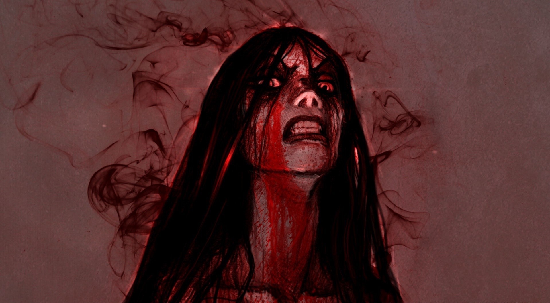 Illustration of a screaming woman with blood and smoke HD Wallpaper