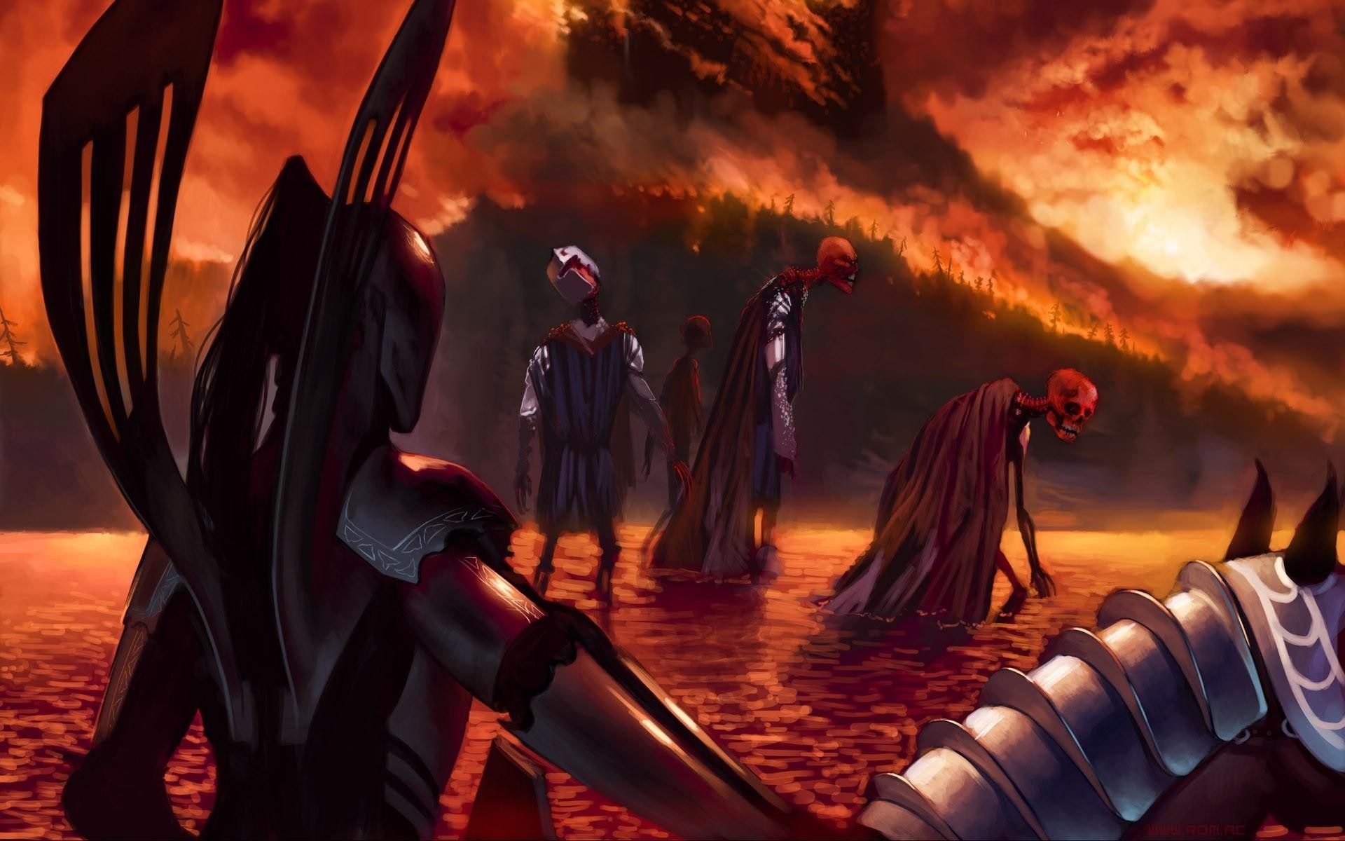 Fantasy art of skeletal figures in a fiery landscape HD Wallpaper