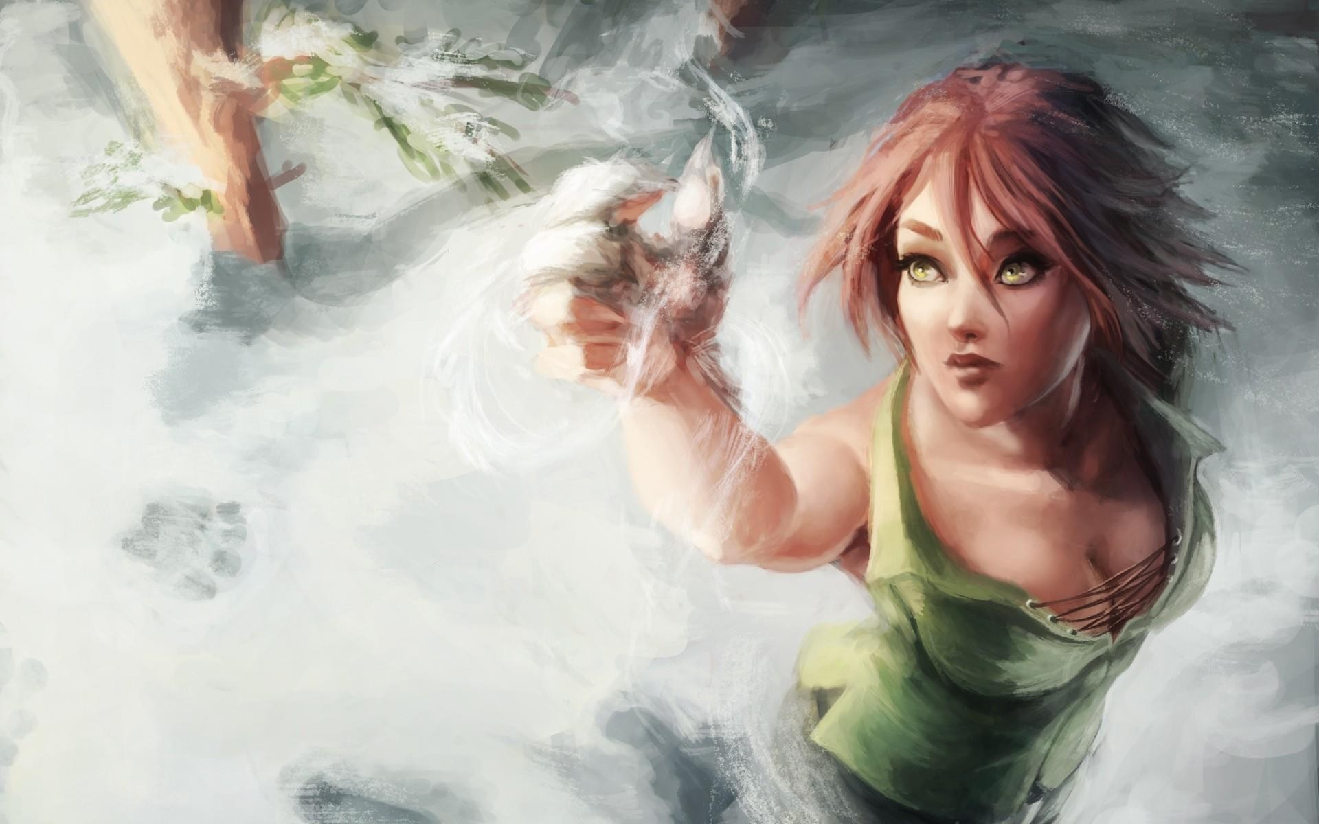 Fantasy art of a woman with red hair and green eyes HD Wallpaper